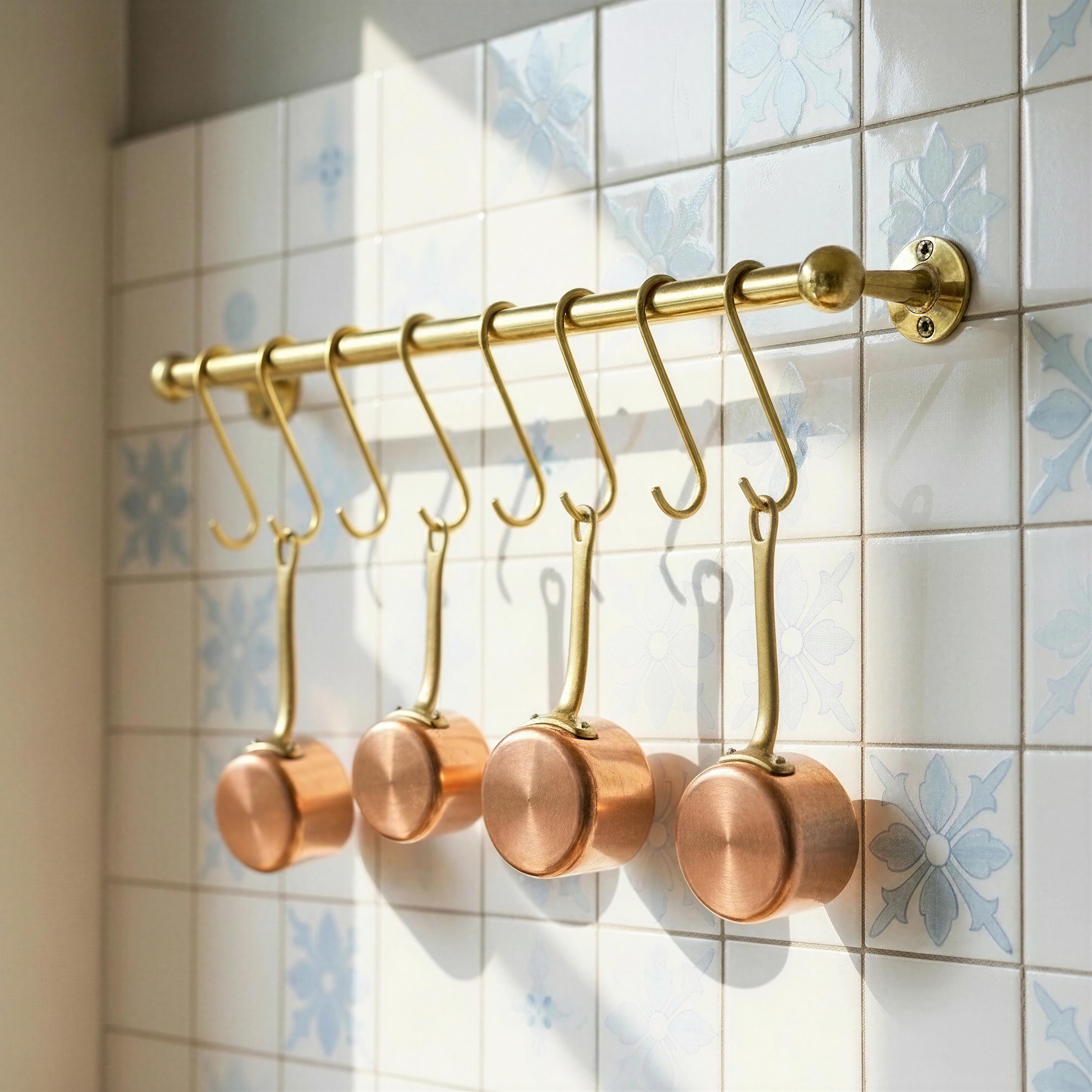 Unlacquered Brass Kitchen Pot Organizer - Handmade Pot Rack, Spoon, and Pan Holder