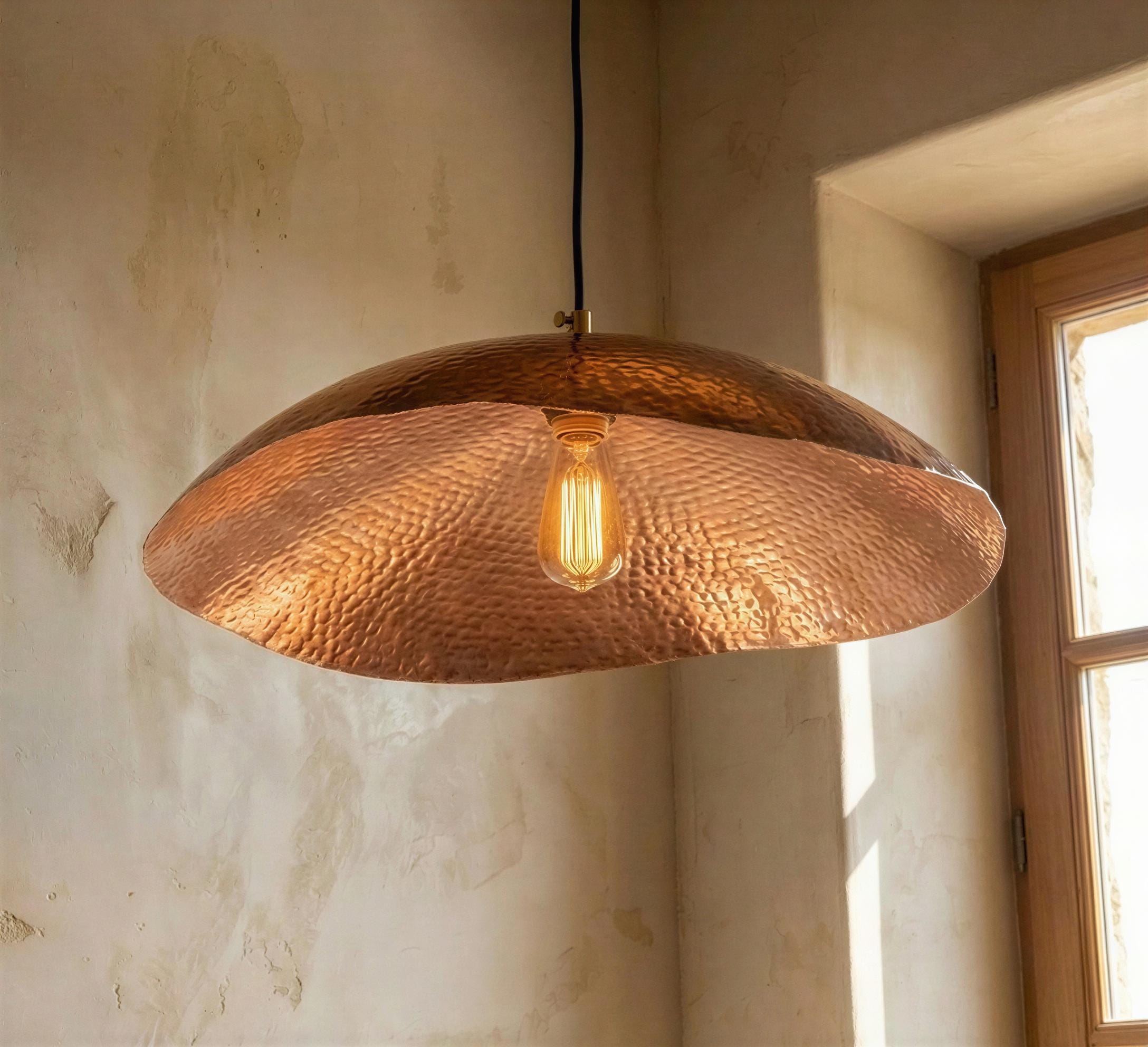 Wavy Copper Pendant Light, Shallow Organic Shade, Handcrafted Kitchen Island Lamp, Rustic Wabi Sabi Decor