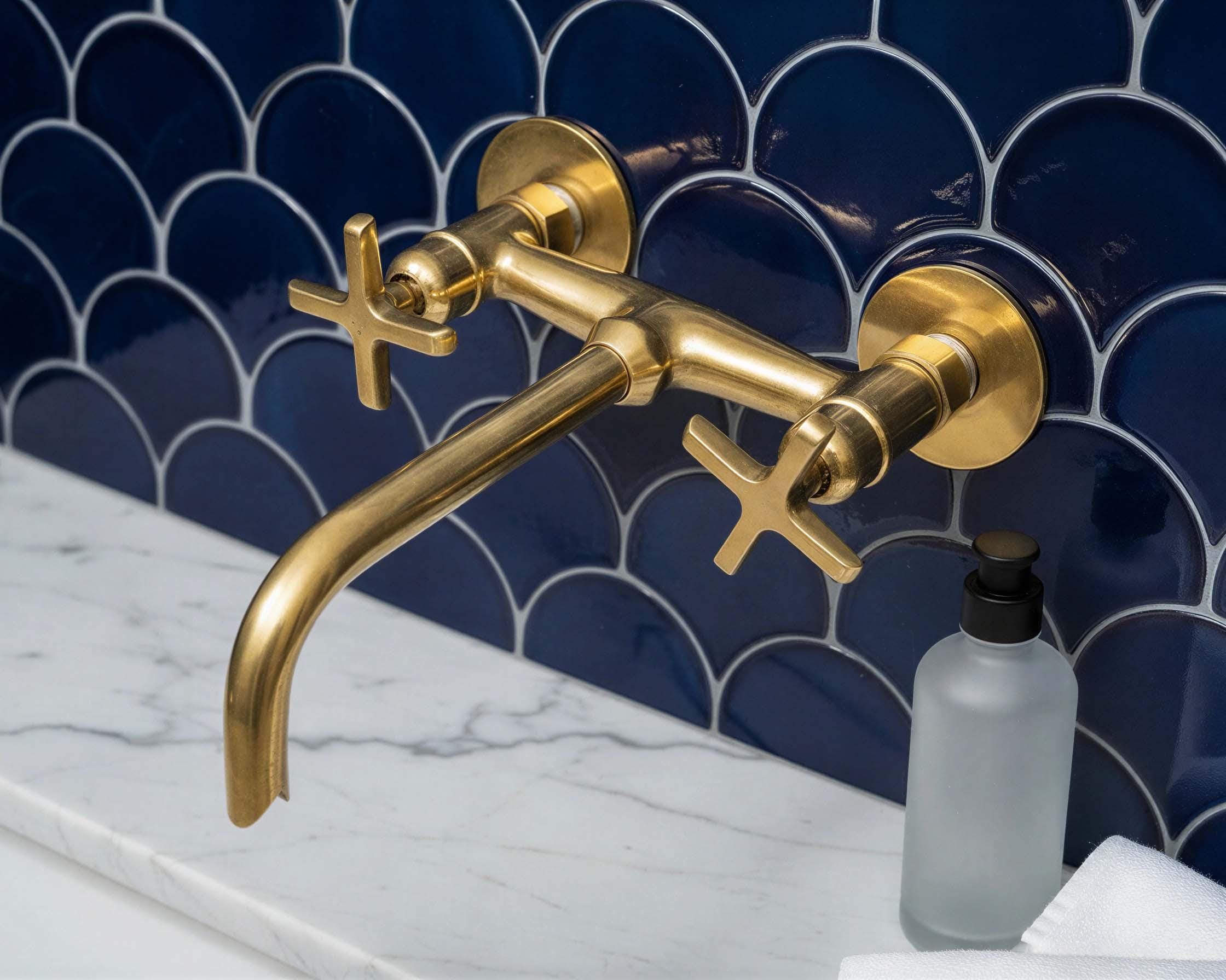 Handmade Unlacquered Brass Wall Mount Faucet, Cross Handle Sink Mixer