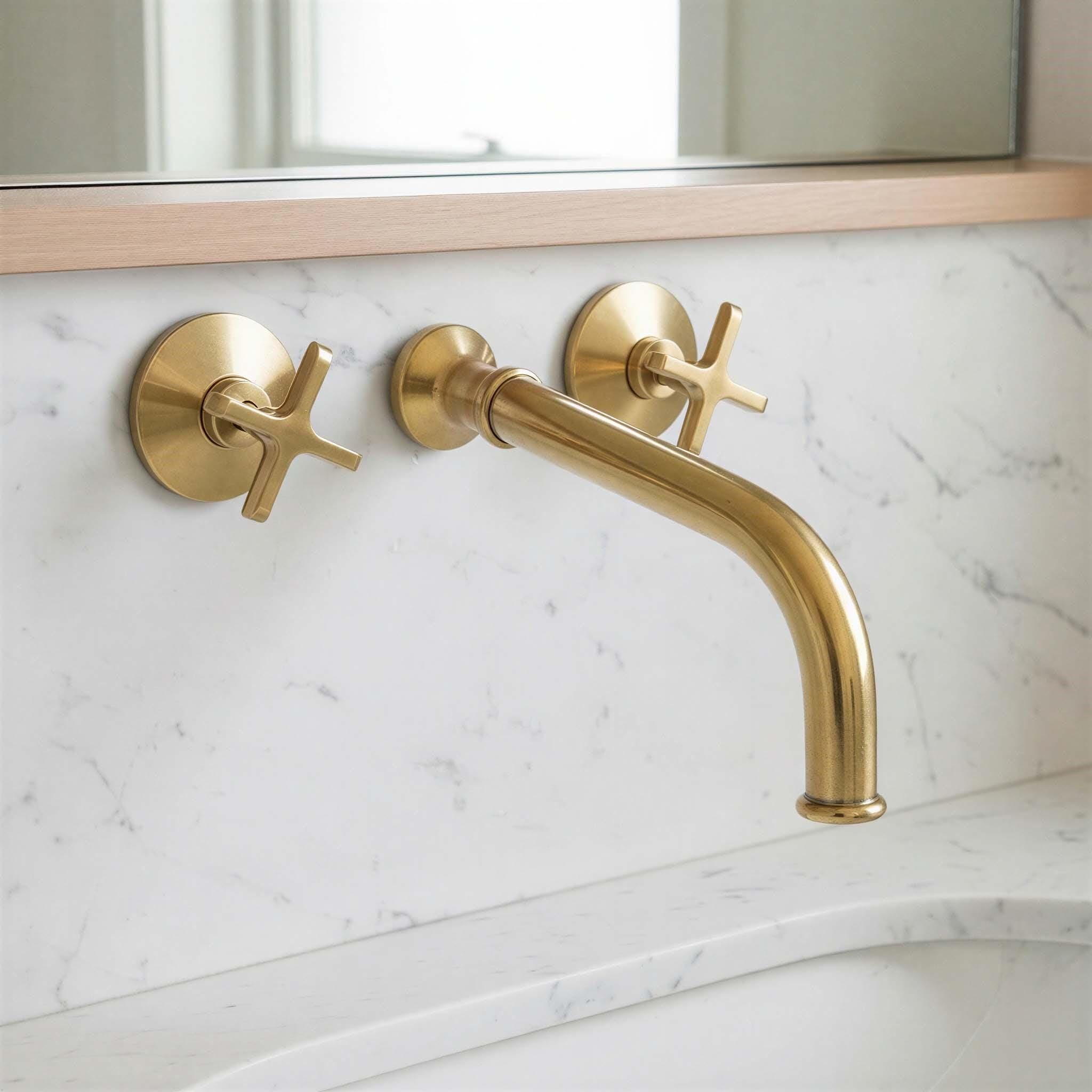 Unlacquered Wall Mounted Brass Faucet: Polished Brass Tap with Flat Cross Handles