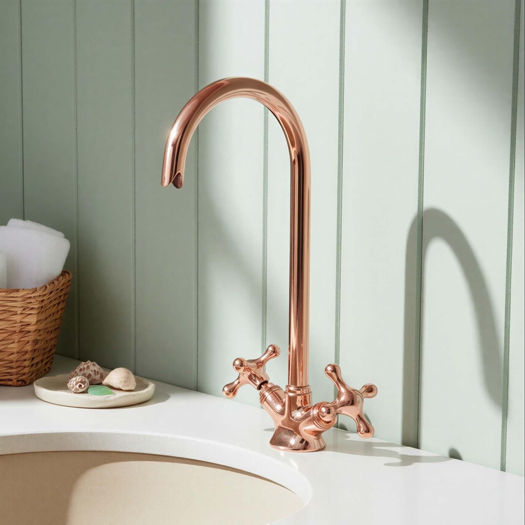 Copper Bathroom Faucet: Gooseneck Sink Mixer with Cross Handles