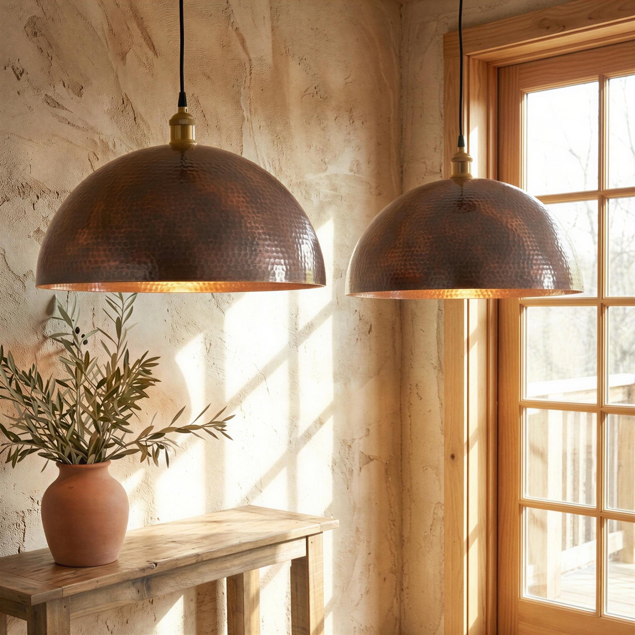 Set of 2 Rustic Copper Pendant, Two Large Dome Shade, Aged Finish Farmhouse Lamp