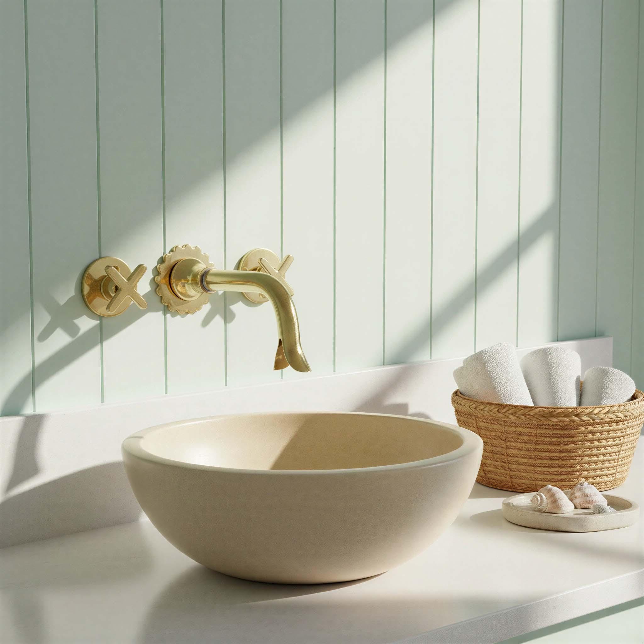 Scalloped Brass Wall Mount Bathroom Faucet, Cross Handle Mixer