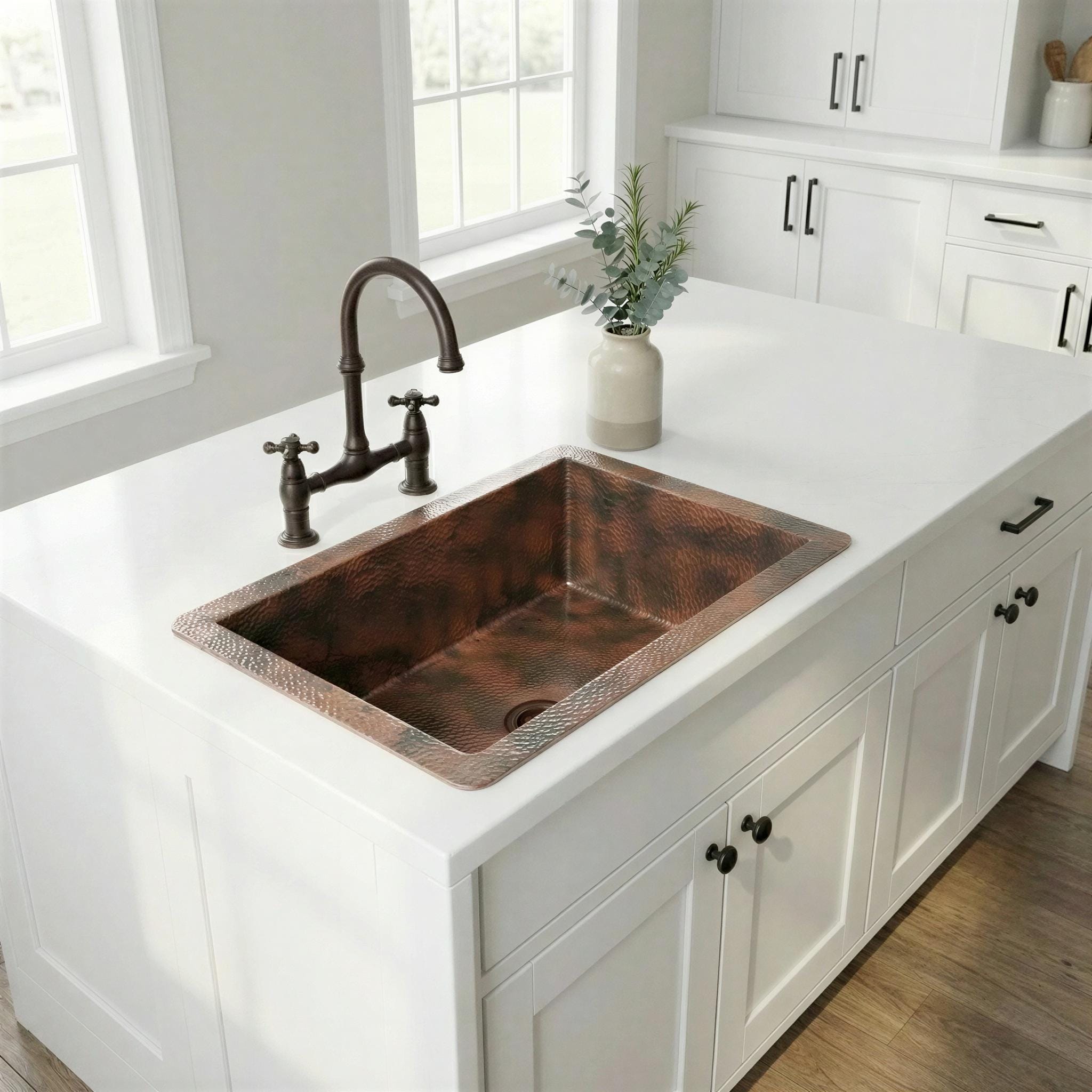 Aged Copper Square Drop In Sink, Heavy Hammered Rustic Copper Kitchen Island Prep Sink