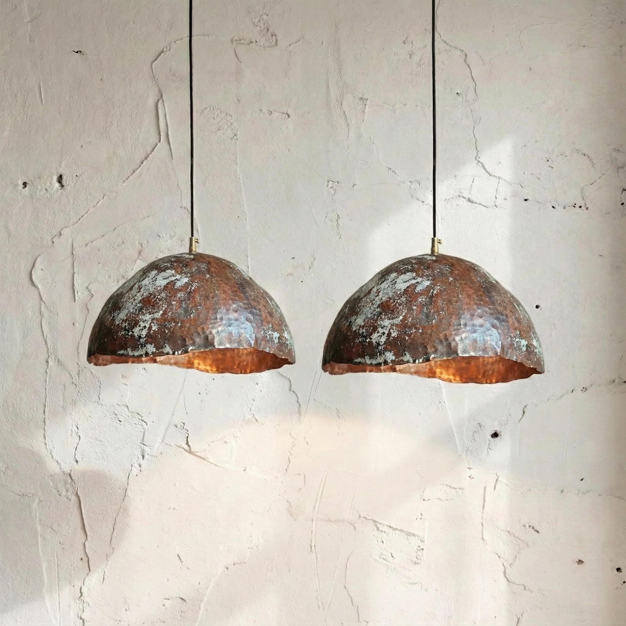 Two Hammered Copper Pendant Lights, Handmade Rustic Dome Fixtures: Set of 2