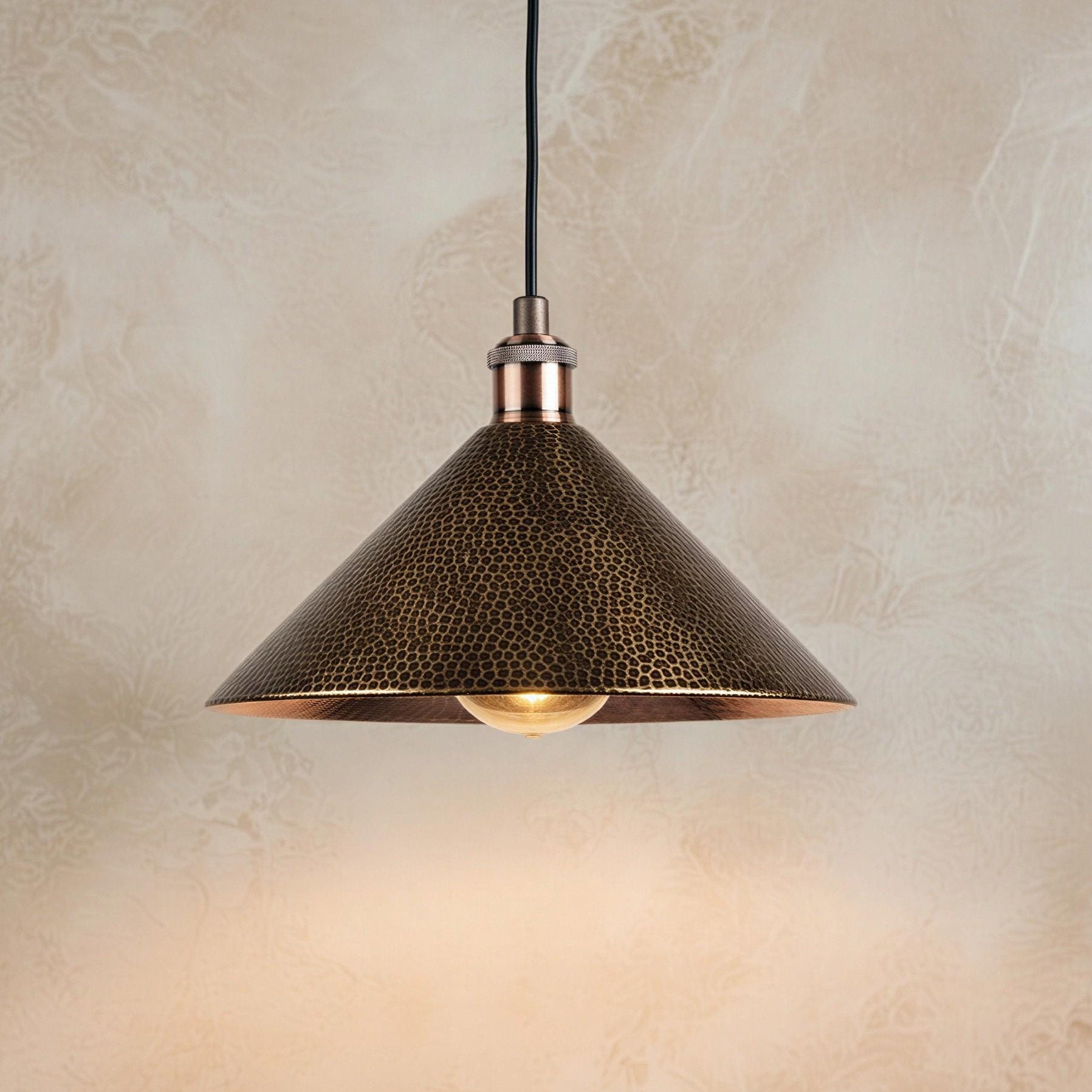 Antique Brass Cone Pendant, Hammered Metal Hanging Lamp, Aged Brass Ceiling Light
