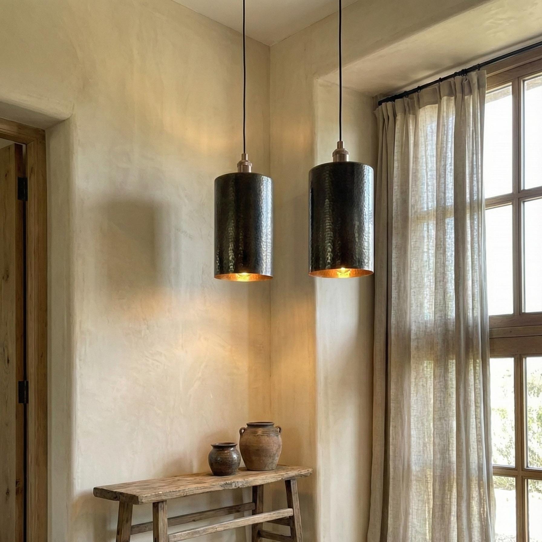 Handcrafted Brass Tube Light, Tall Hammered Pendant for Dining Room, Solid Brass Minimalist Cylinder Downlight