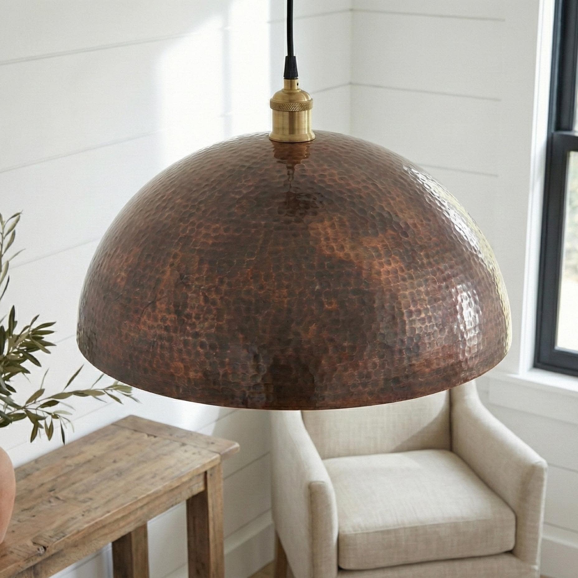 Round Aged Copper Kitchen Island Light, Hand Hammered Pendant, Textured Metal Lamp