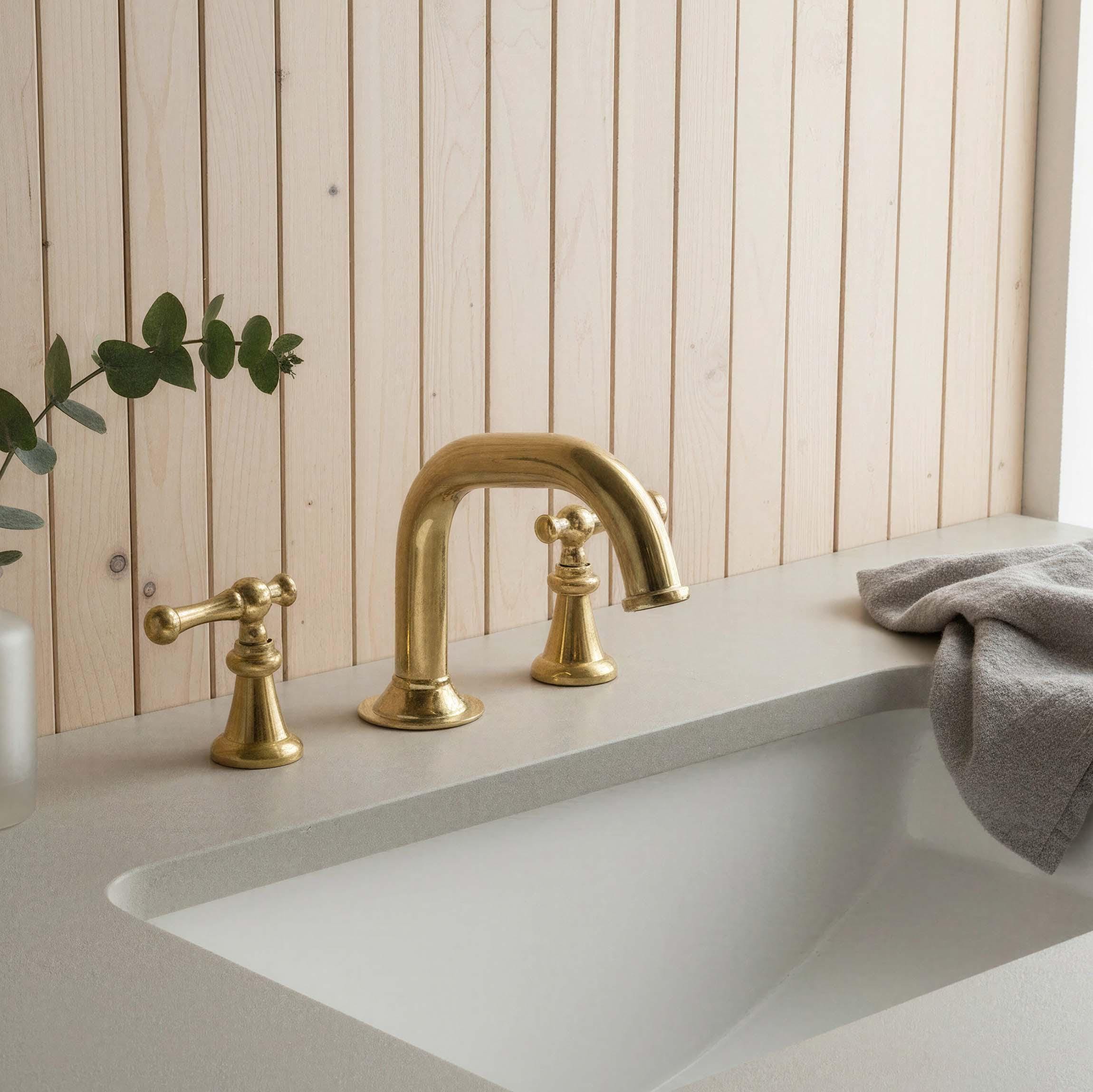 Unlacquered Brass Widespread Faucet, Gold Bathroom Sink Tap with Classic Lever Handles