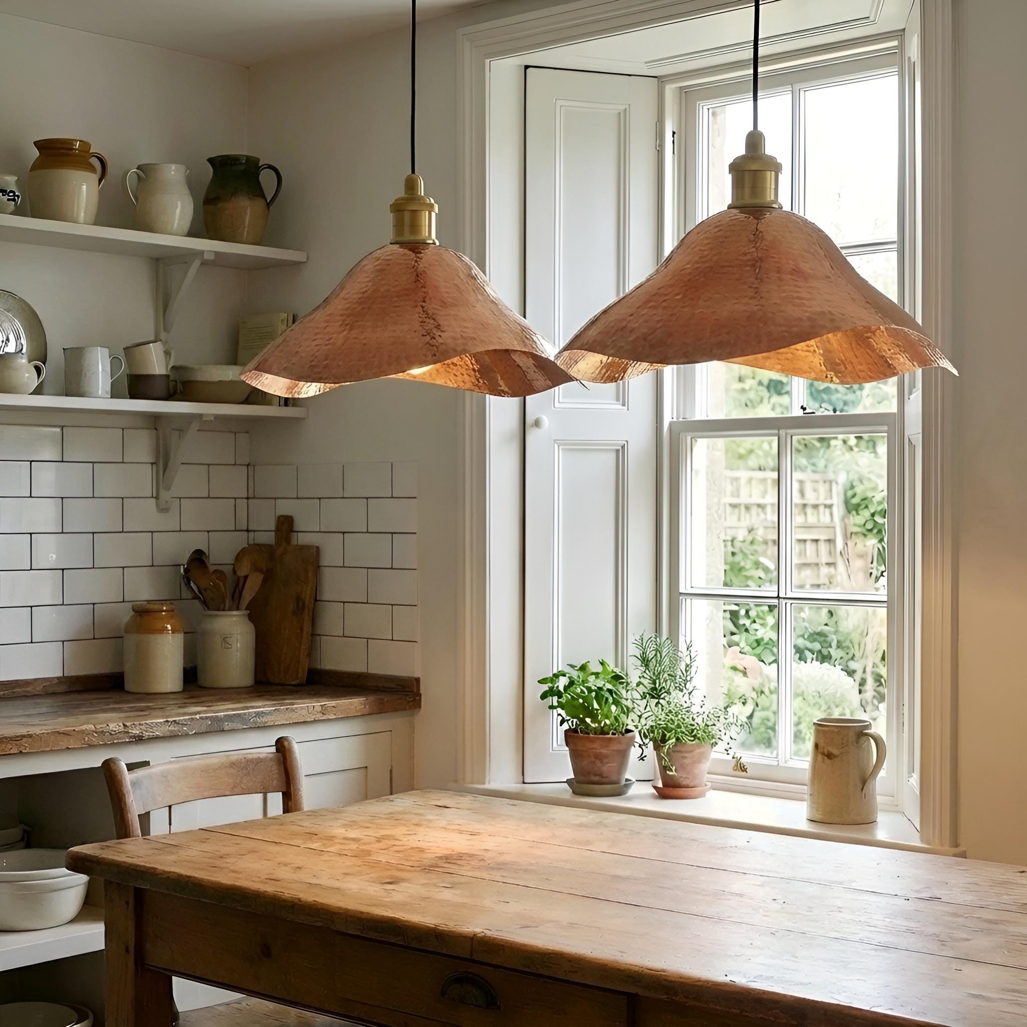 Set of 2 Wavy Hammered Copper Pendant Lights, Fluted Edge Ceiling Lamps, Kitchen Island Pair, Rustic Farmhouse Dining Decor