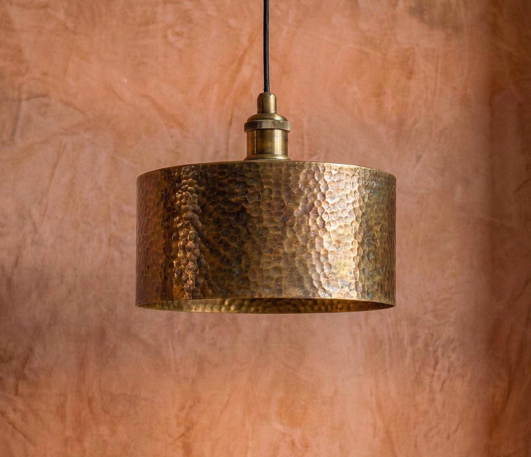 Hammered Brass Drum Pendant, Cylinder Kitchen Island Light, Rustic Industrial Ceiling Fixture