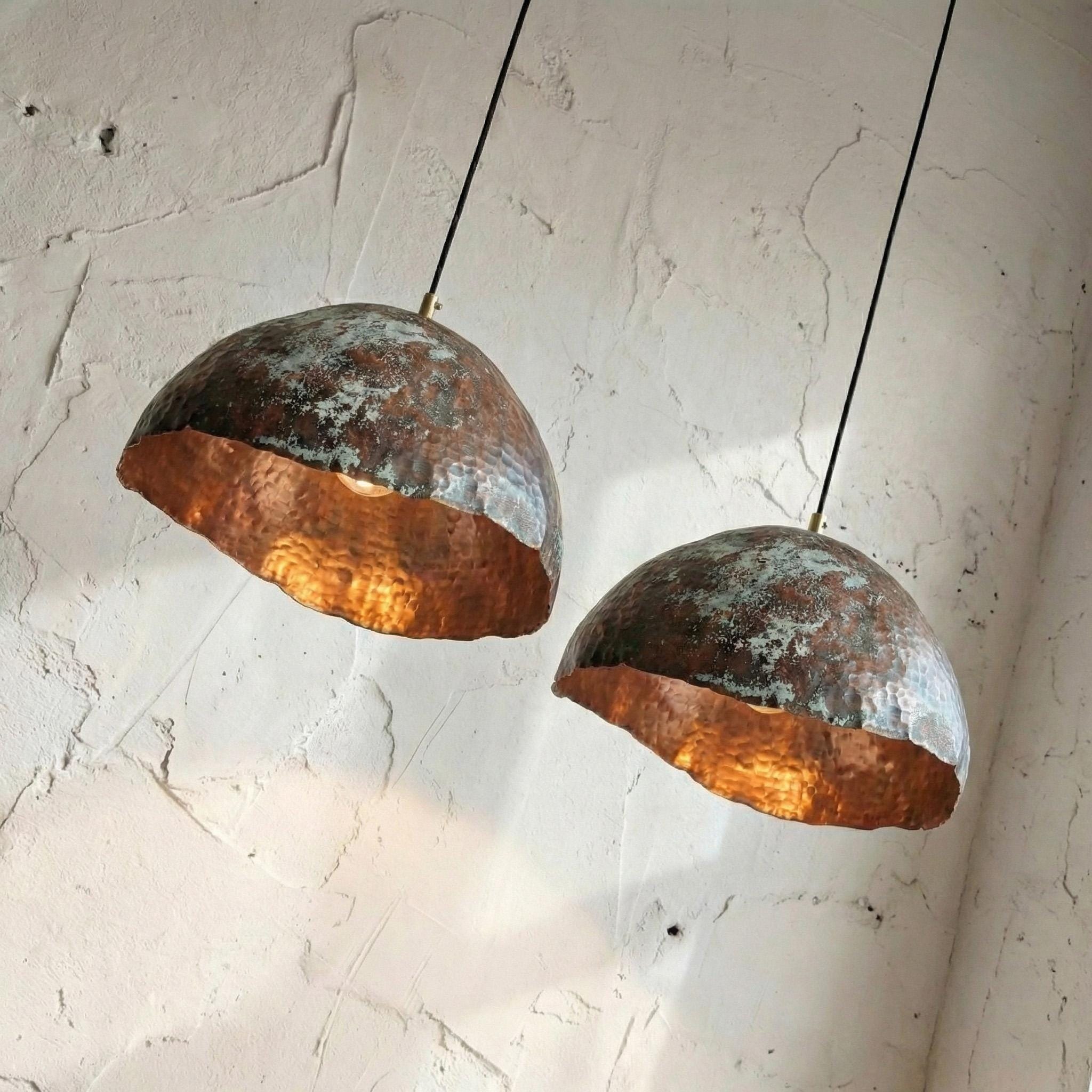Two Hammered Copper Pendant Lights, Handmade Rustic Dome Fixtures: Set of 2