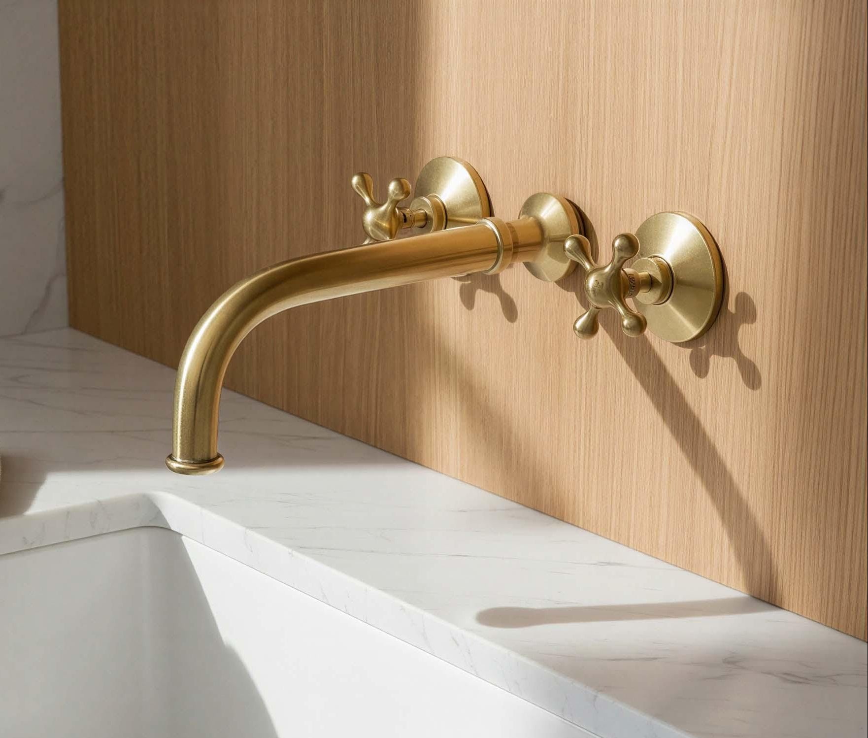 Gold faucet mounted on a wooden wall above a white sink.