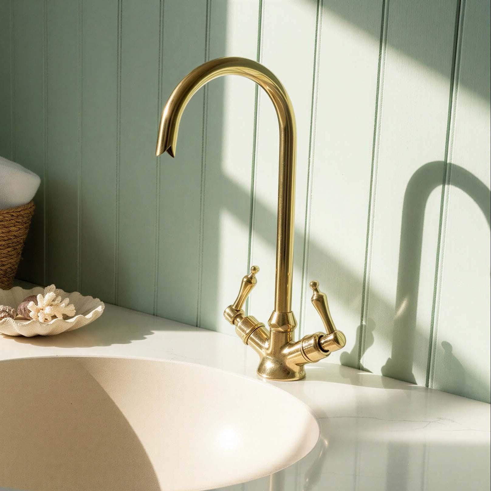 Polished Brass Vintage Bathroom Faucet, Handmade Gooseneck Sink Tap