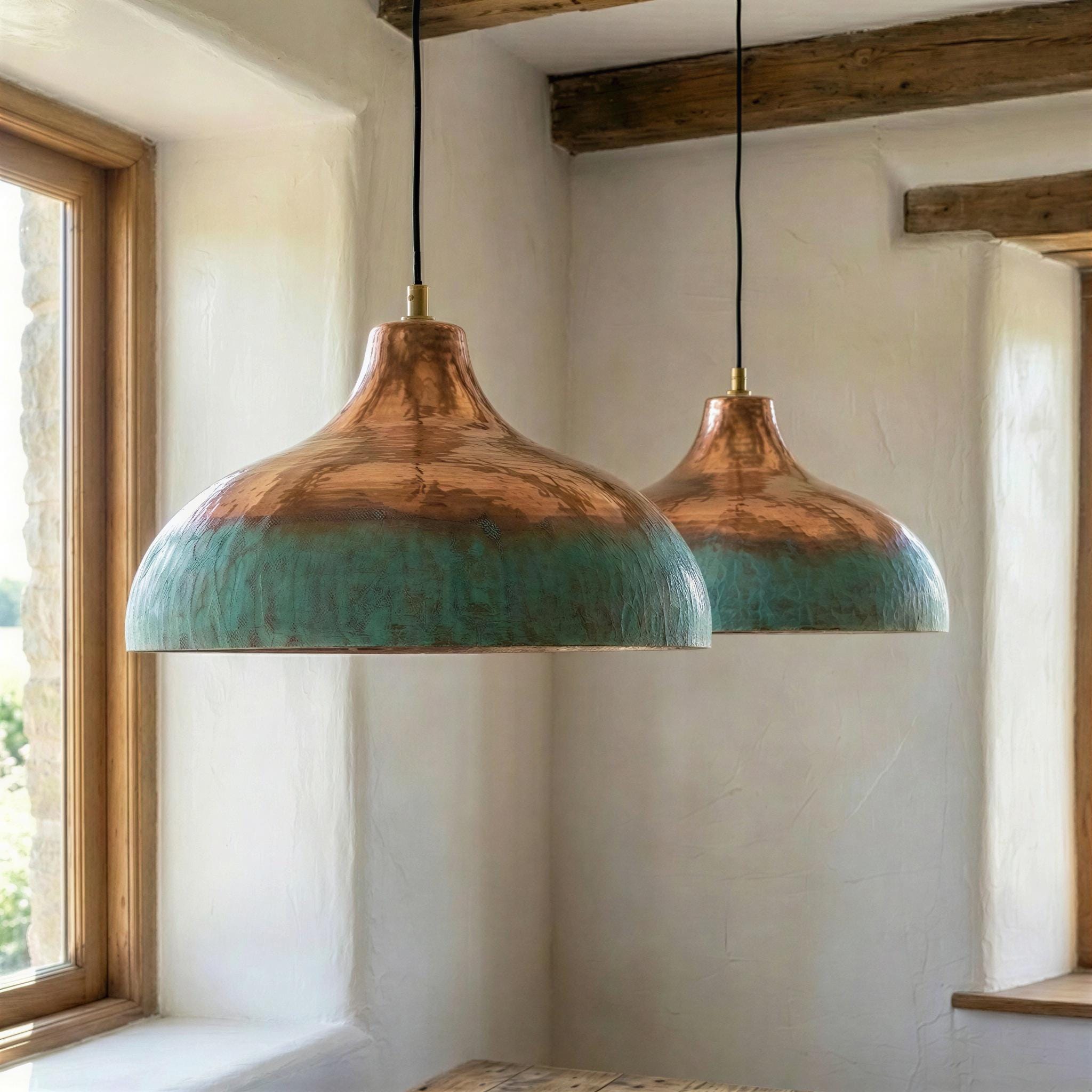 Two Tone Copper Pendant Light, Half Oxidized Verdigris Dome, Green and Copper Shade