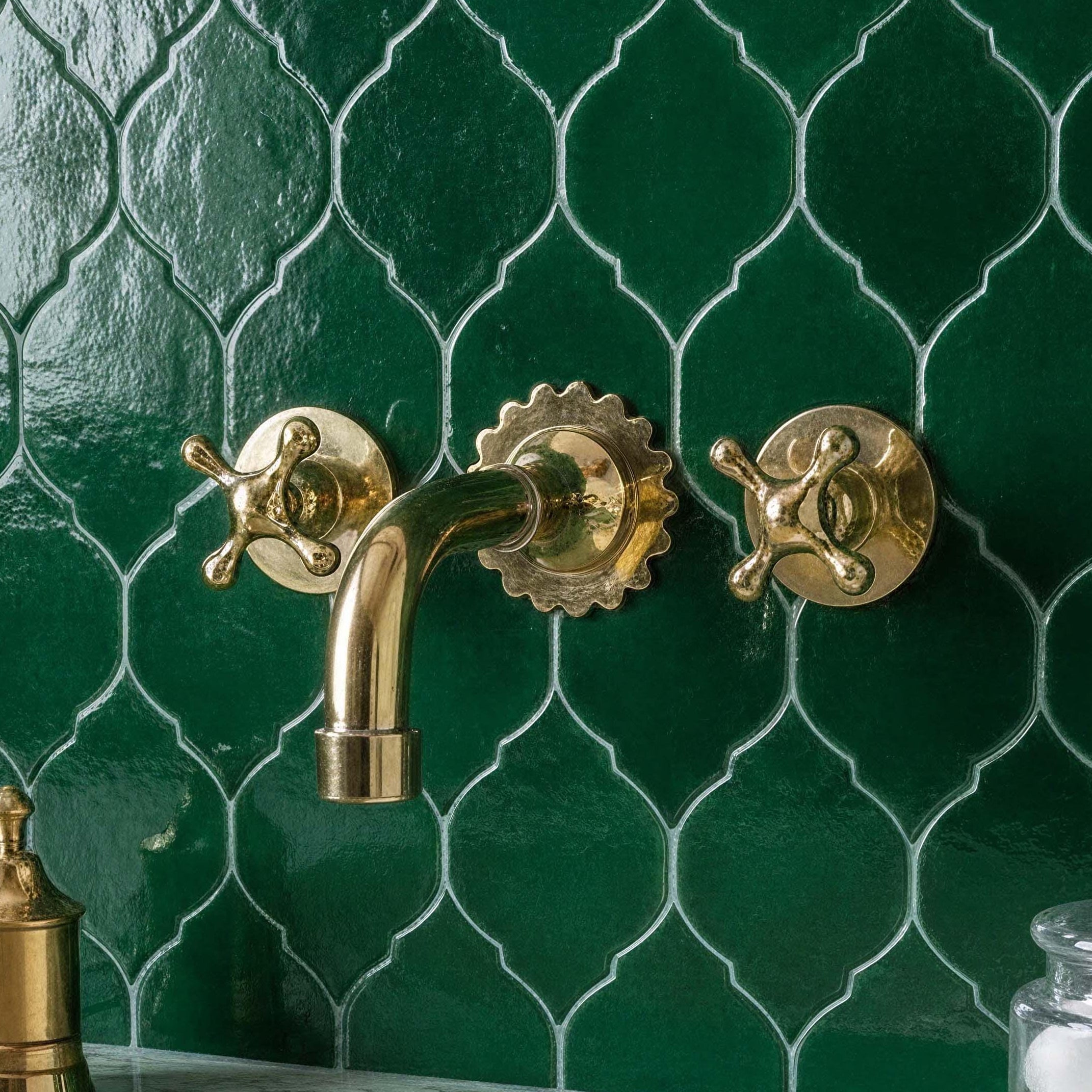 Unlacquered Brass Wall Mount Faucet - Scalloped Backplate, Ball Cross Handles