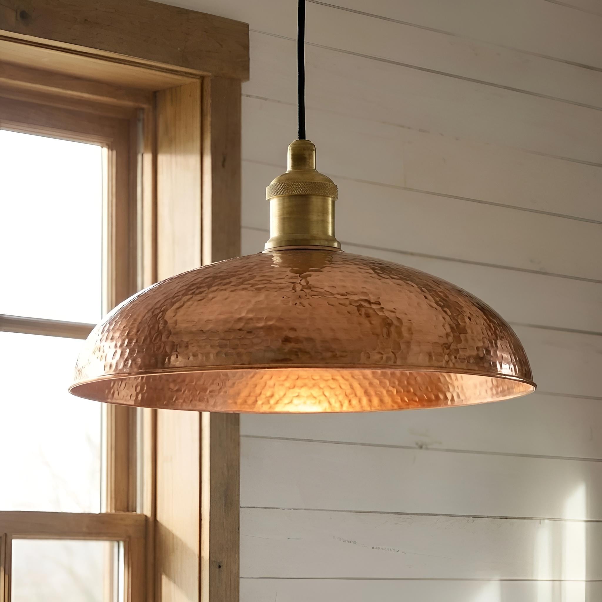 Hammered Copper Barn Light, Shallow Dome Pendant, Farmhouse Kitchen Island Lighting