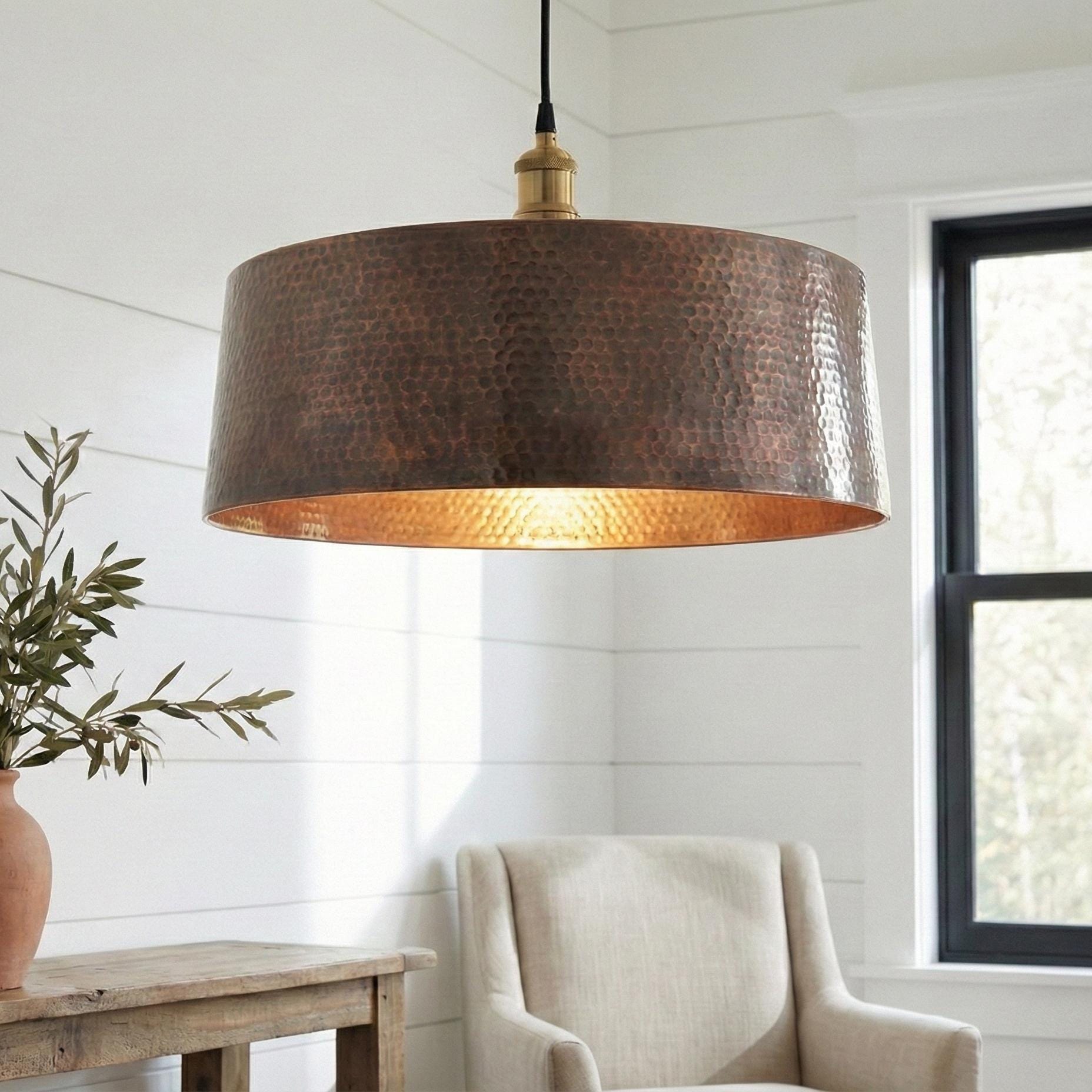 Copper Cylinder Light, Hand Hammered Drum Shade, Industrial Farmhouse Rustic Bar Lighting