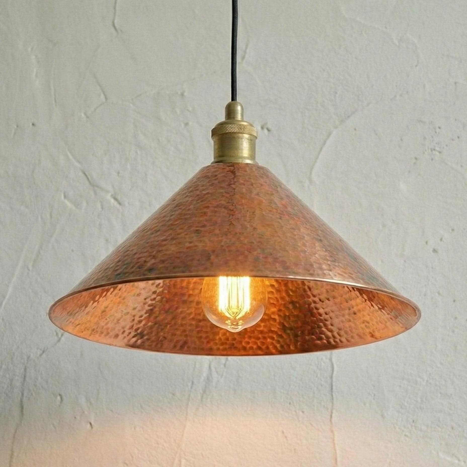Handcrafted Cone Copper Light, Hammered Metal Hanging Lamp, Wide Copper Shade for Dining Table