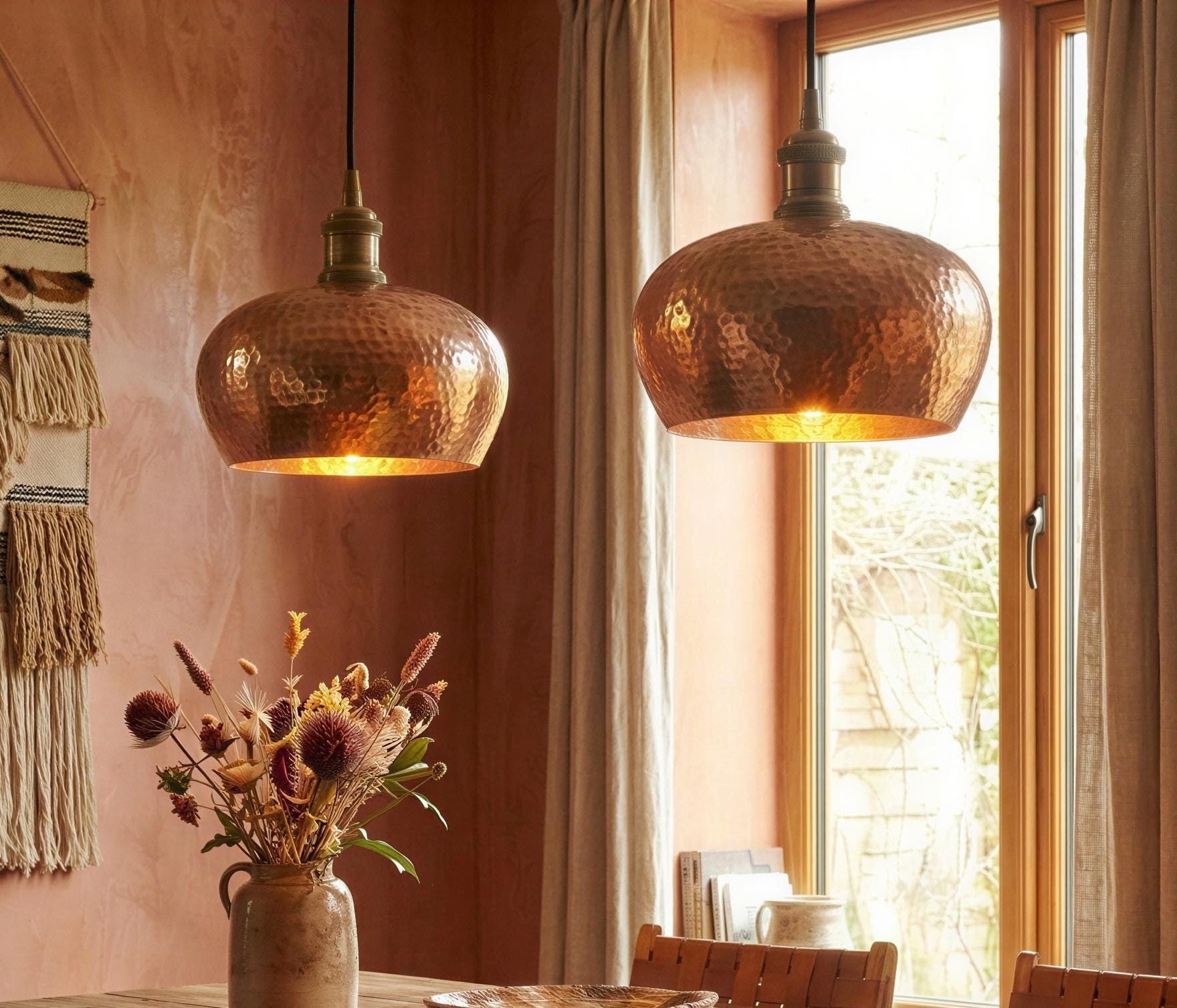 Set of 2 Hammered Copper Dome Pendant Lights, Rustic Industrial Lighting