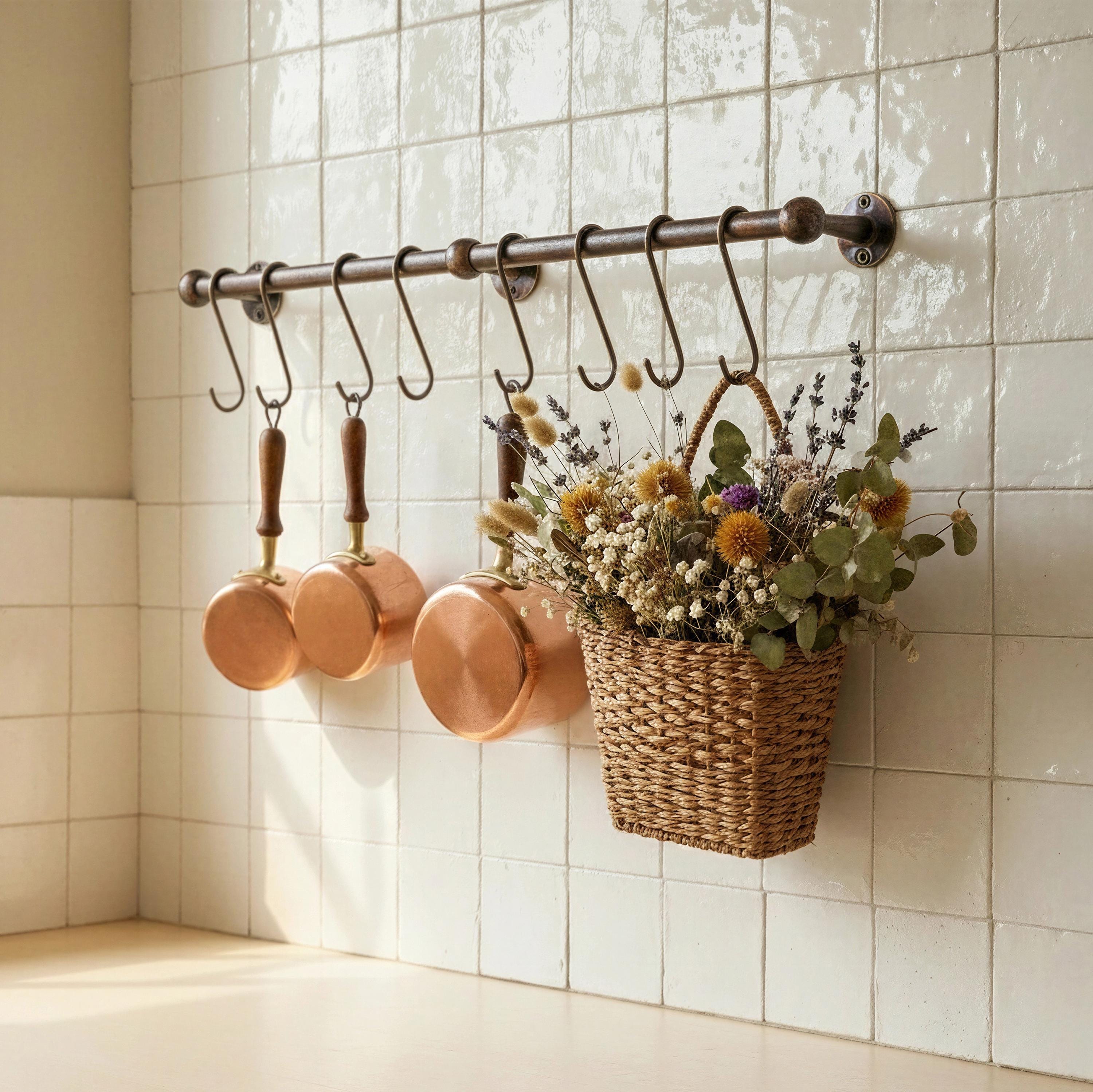 Handmade Oil Rubbed Bronze Pot Rack – Brass Kitchen Rail with S Hooks