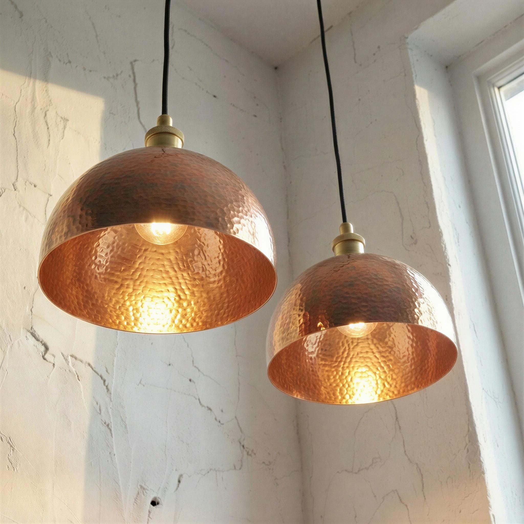 Set of 2 Hand Hammered Copper Pendant Light | Set of Two Rustic Aged Copper Lighting