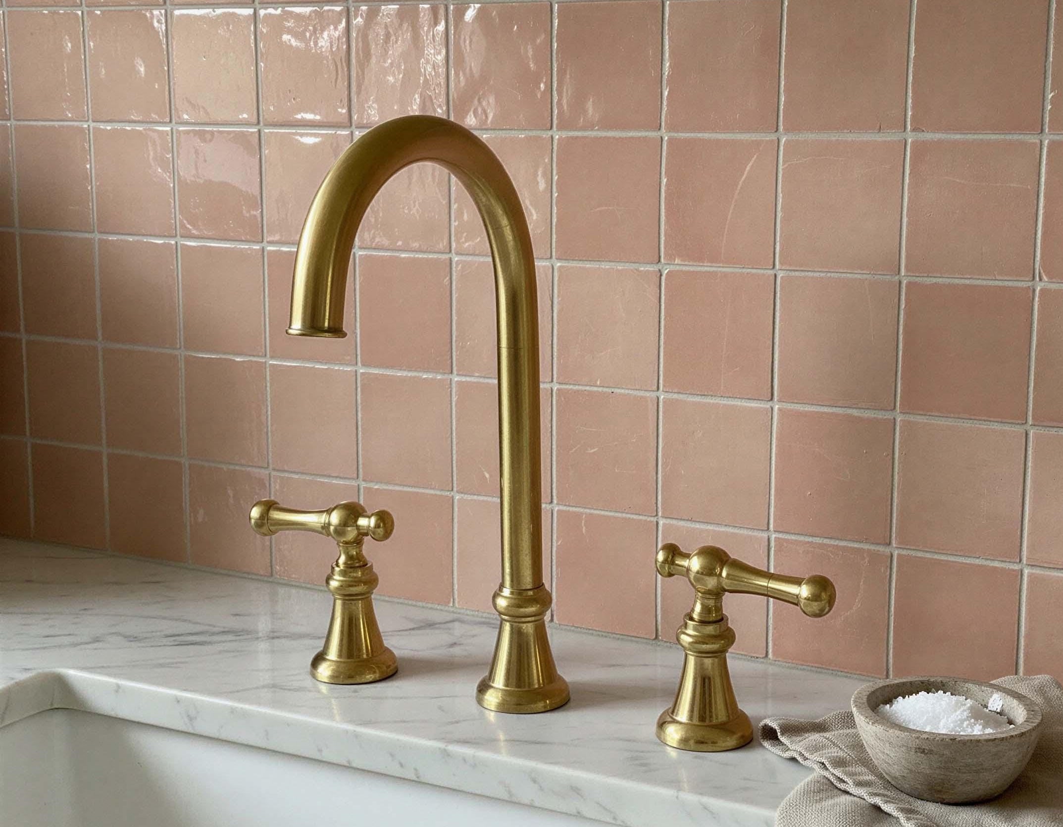 Unlacquered Widespread Brass Bathroom Faucet | Gold Bathroom Tap Mixer wit Lever Handles