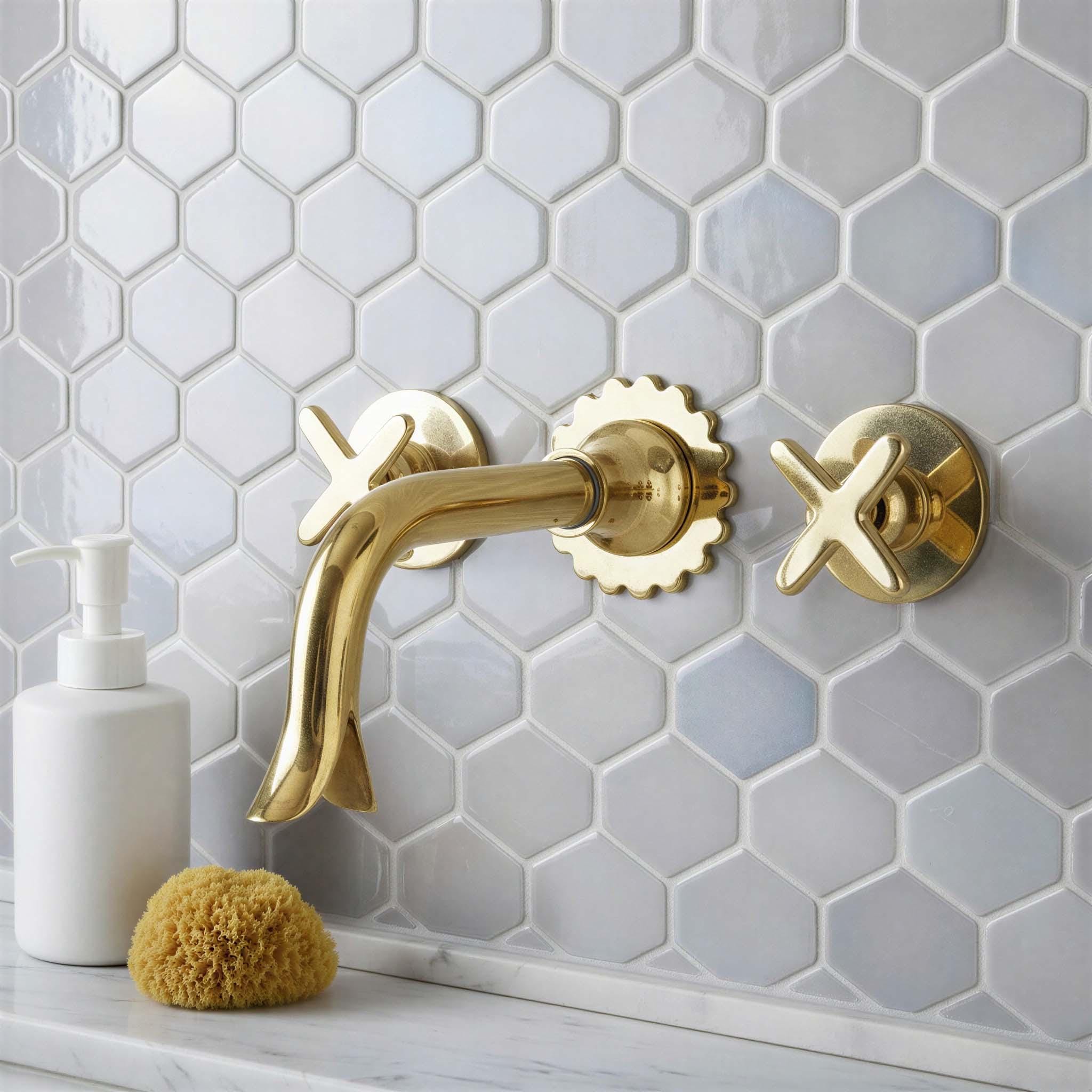 Scalloped Brass Wall Mount Bathroom Faucet, Cross Handle Mixer