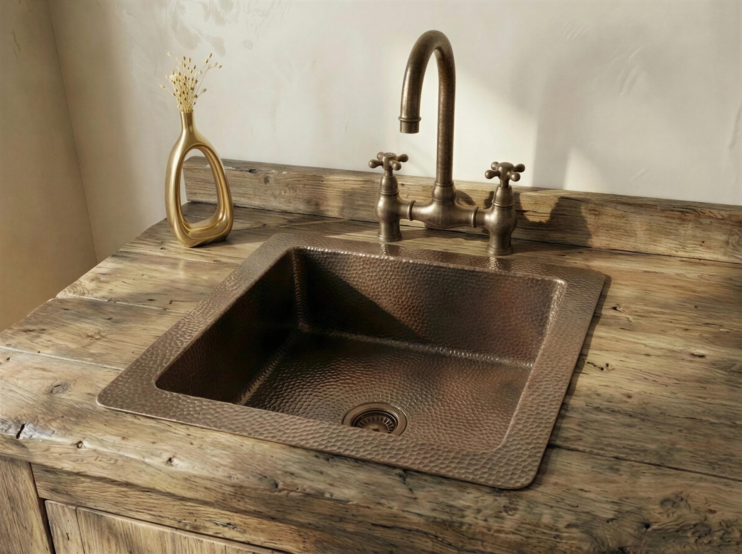 Aged Brass Square Bar Sink, Hammered Antique Bronze Basin, Rustic Farmhouse Drop In Kitchen Prep Sink