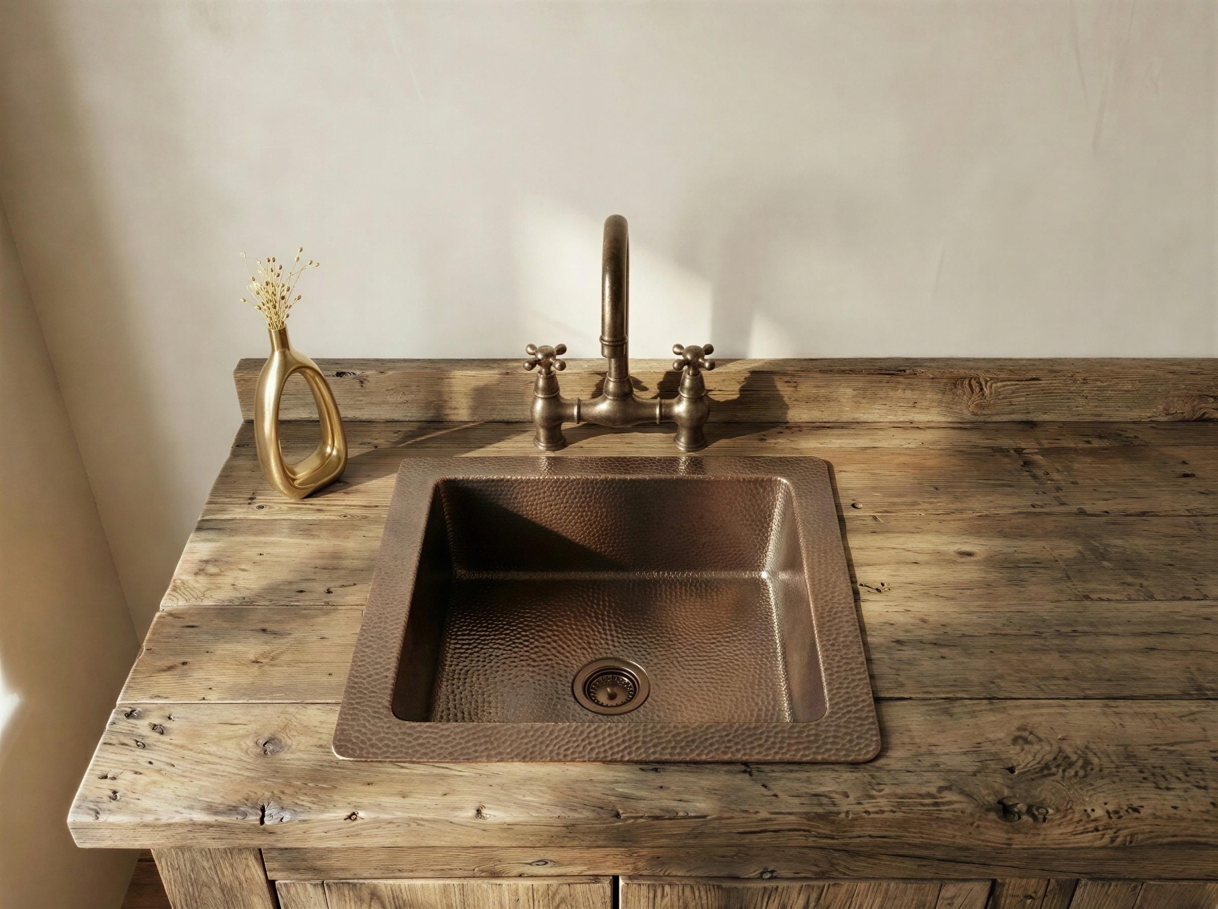 Aged Brass Square Bar Sink, Hammered Antique Bronze Basin, Rustic Farmhouse Drop In Kitchen Prep Sink