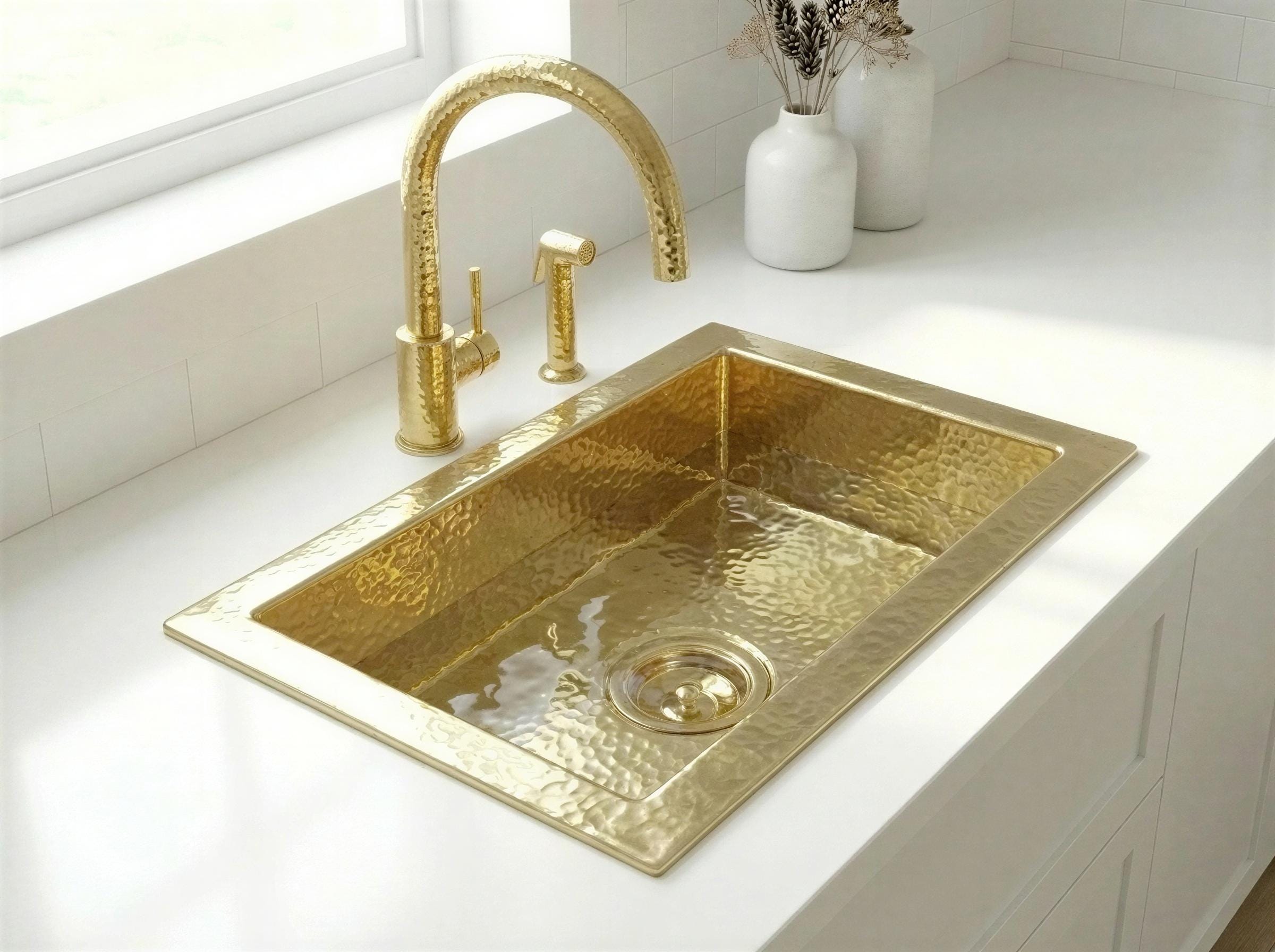 Hammered Brass Kitchen Drop In Sink, Unlacquered Large Gold Farmhouse Sink