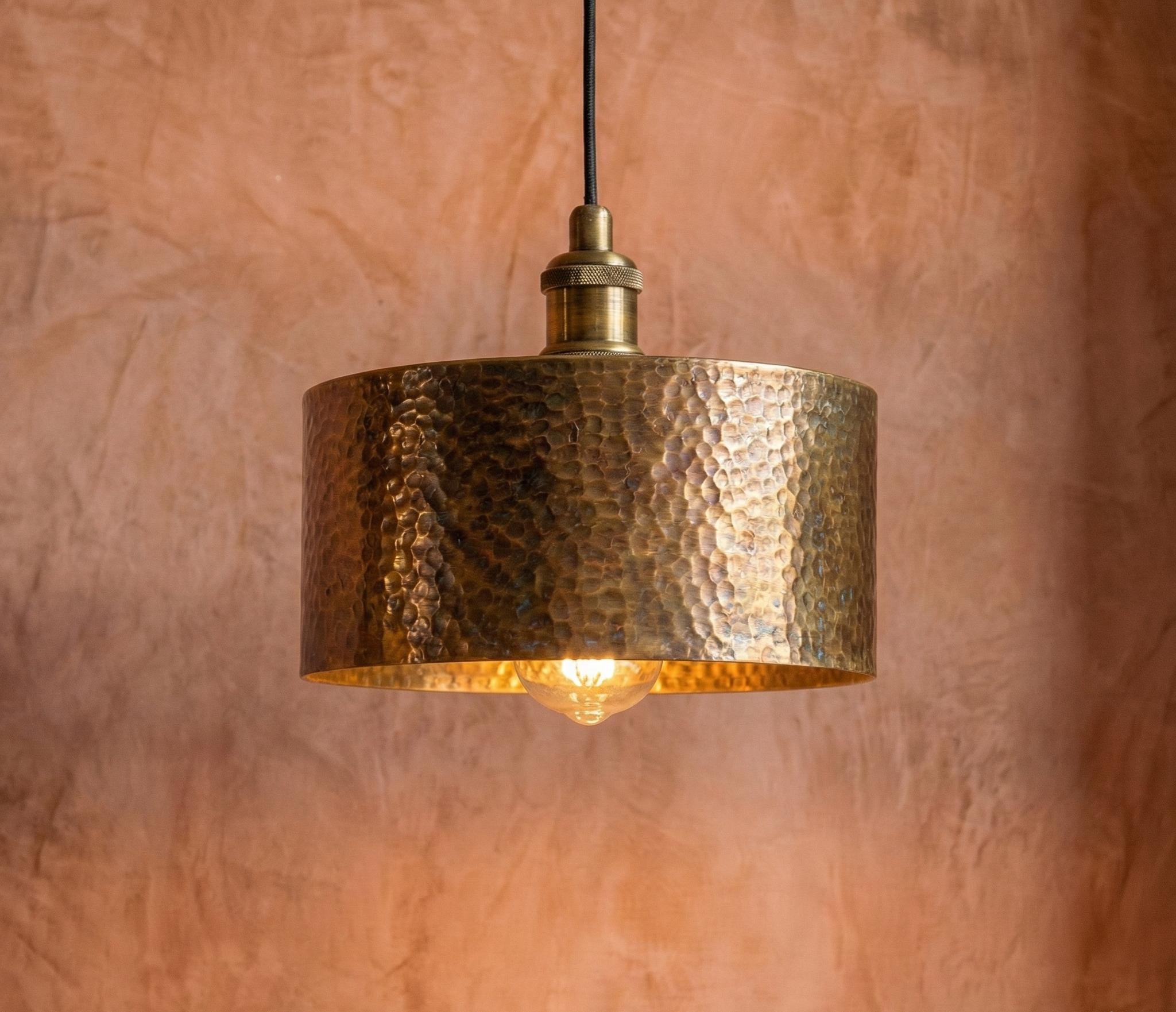 Hammered Brass Drum Pendant, Cylinder Kitchen Island Light, Rustic Industrial Ceiling Fixture