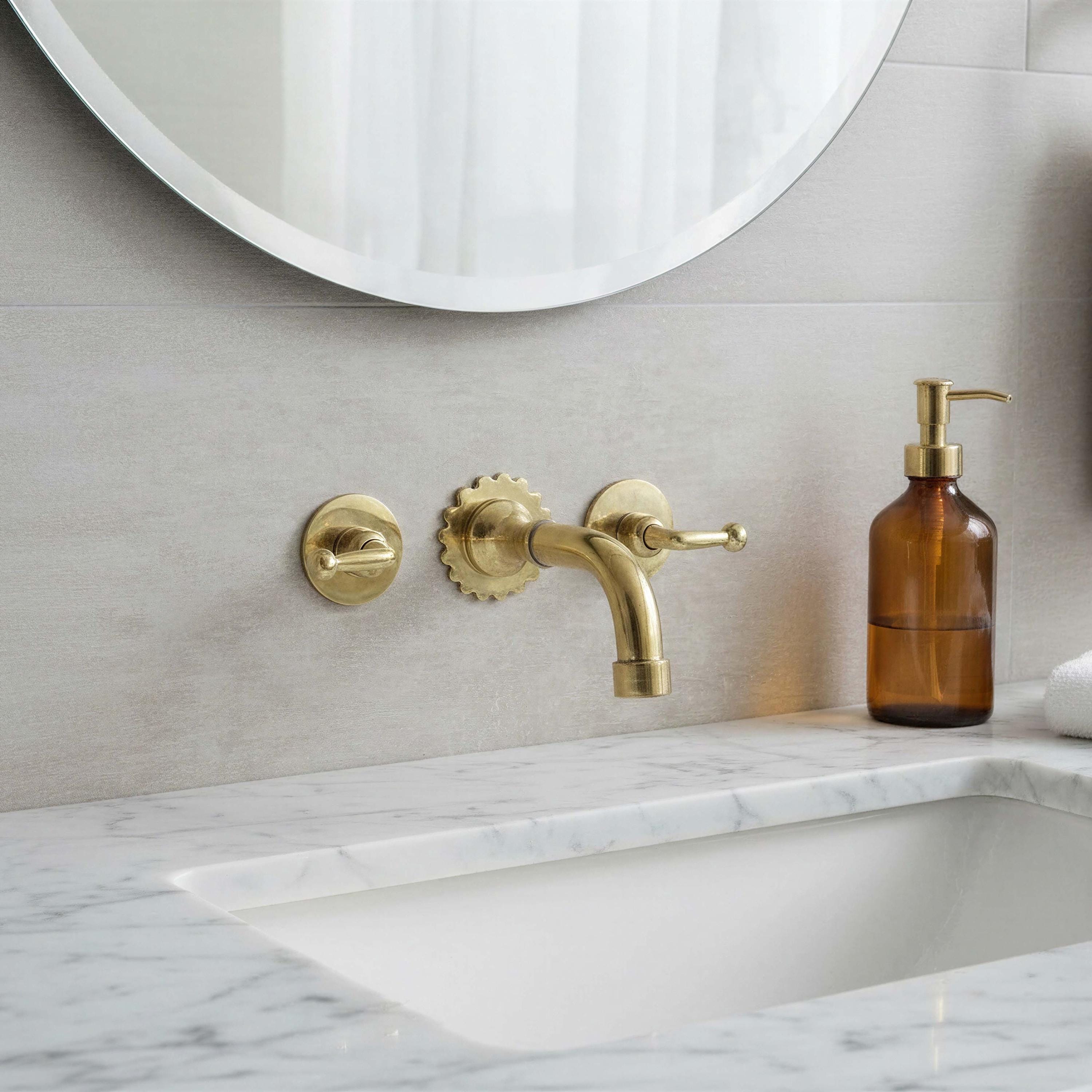 Unlacquered Brass Wall Mount Faucet, Scalloped Backplate, Vintage Style