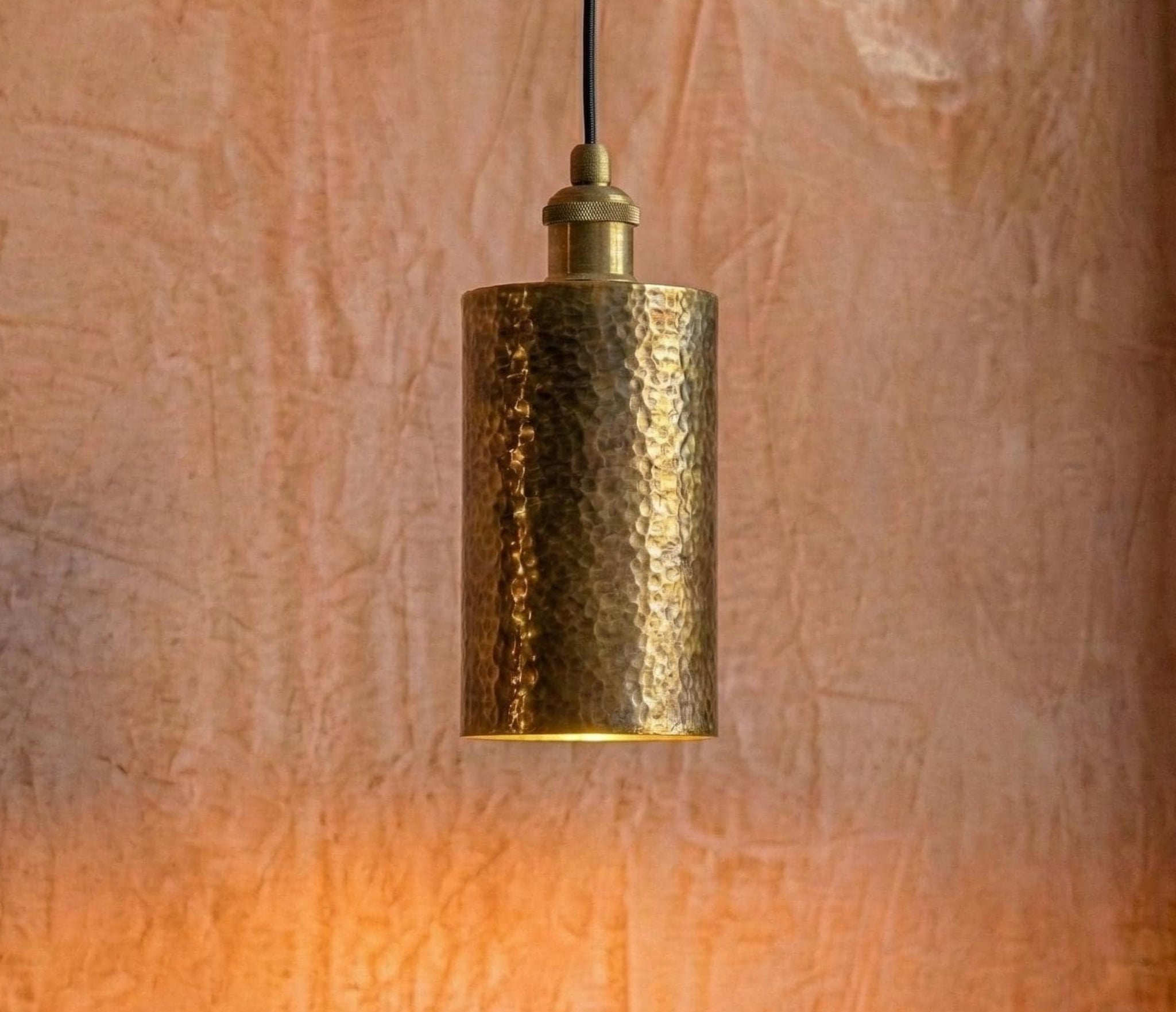 Hammered Brass Cylinder Pendant, Tall Gold Tube Light, Kitchen Island Bar Lamp, Rustic Industrial Spot Fixture, Narrow Bedside Hanging Light