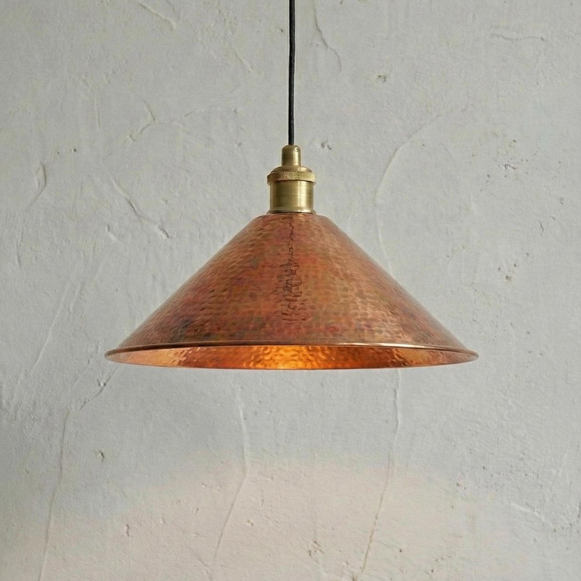 Handcrafted Cone Copper Light, Hammered Metal Hanging Lamp, Wide Copper Shade for Dining Table