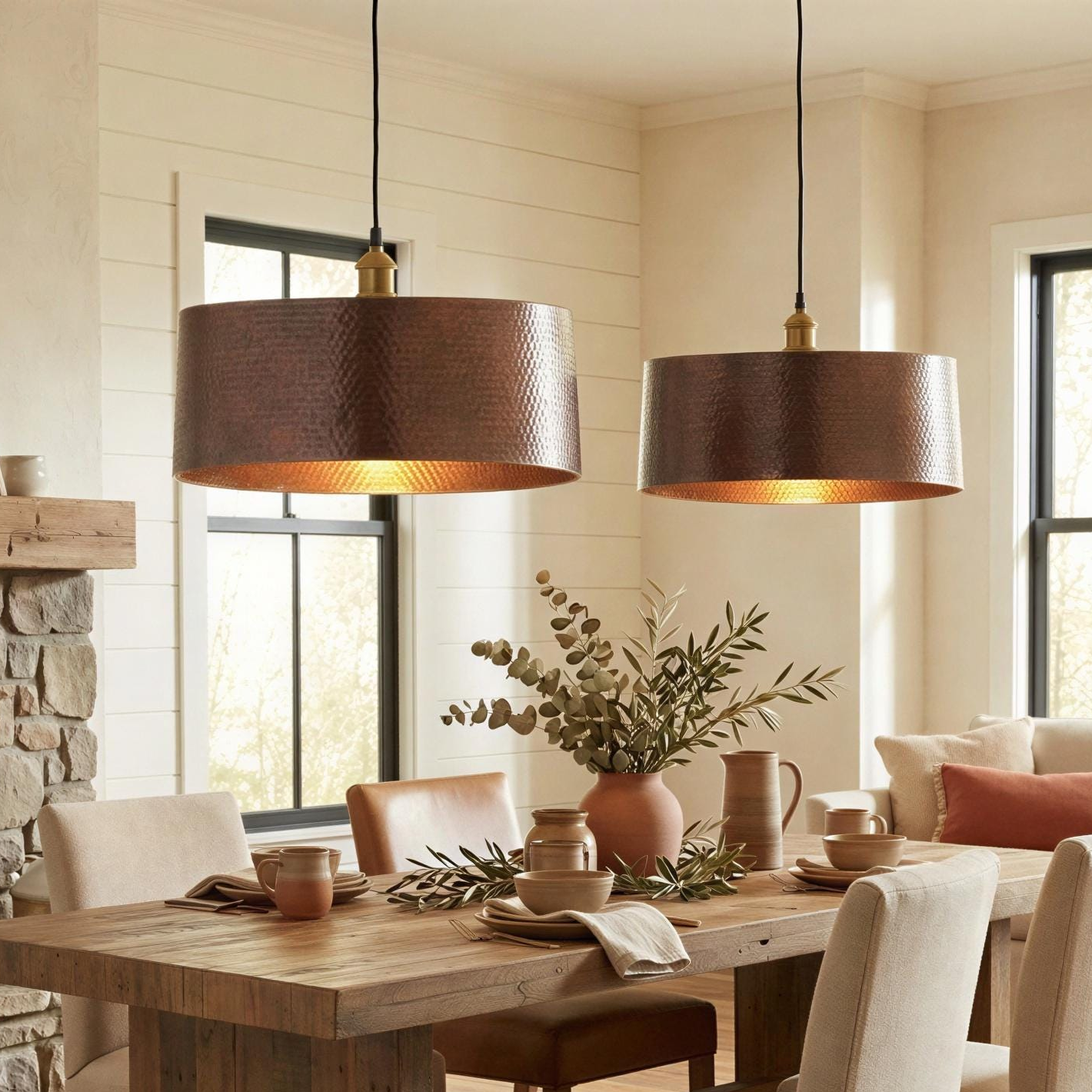 Set of 2 Hammered Copper Drum Pendant Lights: Barrel Light Fixture