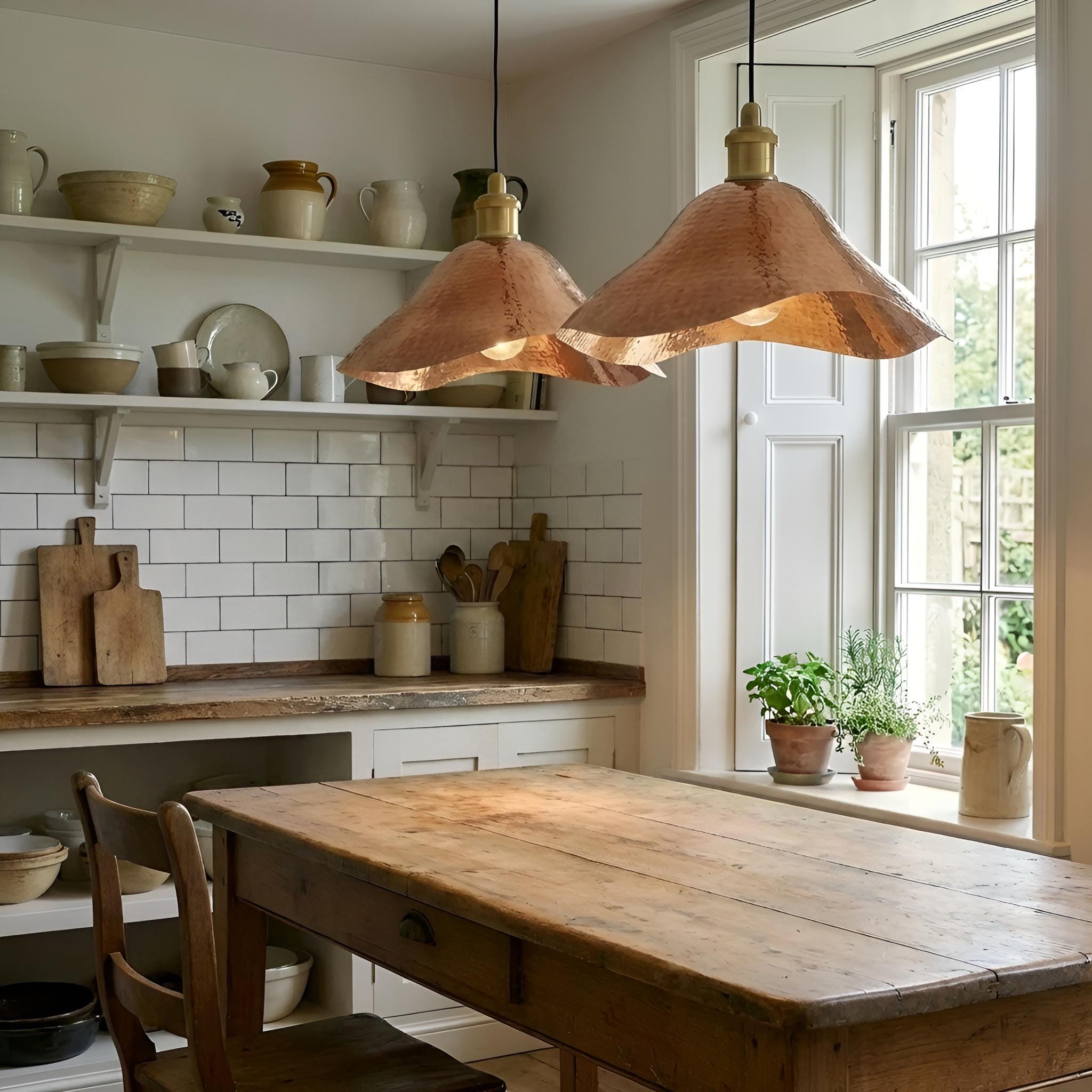 Set of 2 Wavy Hammered Copper Pendant Lights, Fluted Edge Ceiling Lamps, Kitchen Island Pair, Rustic Farmhouse Dining Decor
