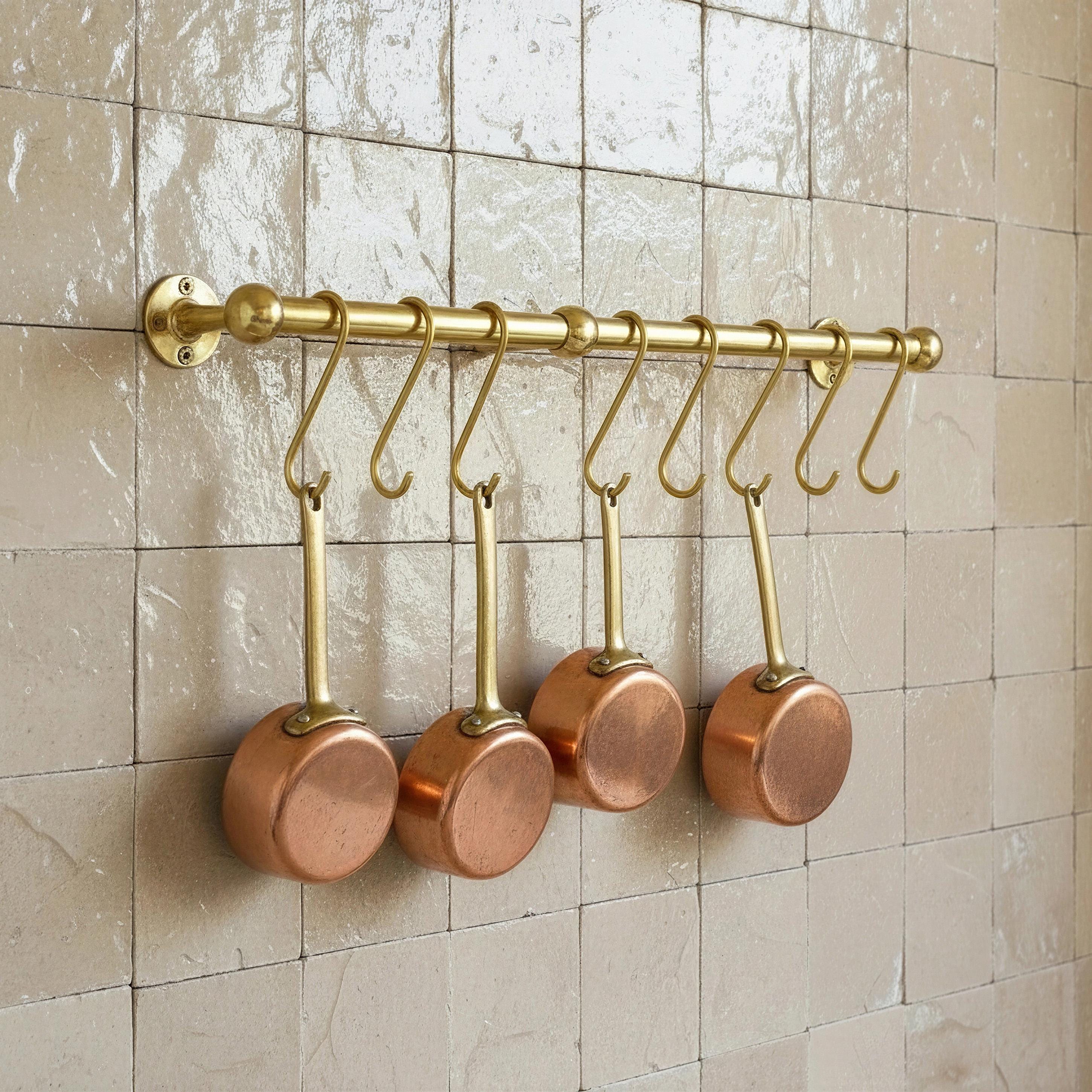 Unlacquered Brass Kitchen Pot Organizer - Handmade Pot Rack, Spoon, and Pan Holder