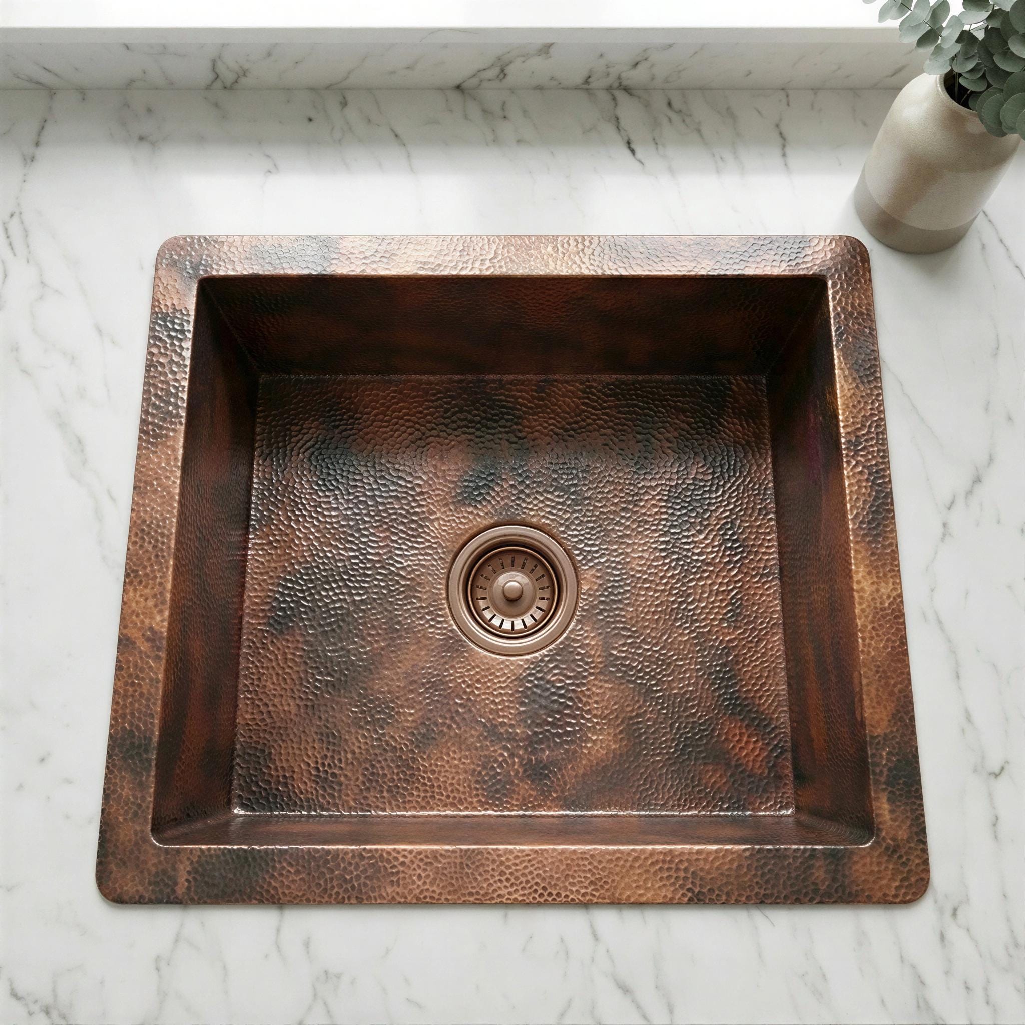 Aged Copper Square Drop In Sink, Heavy Hammered Rustic Copper Kitchen Island Prep Sink