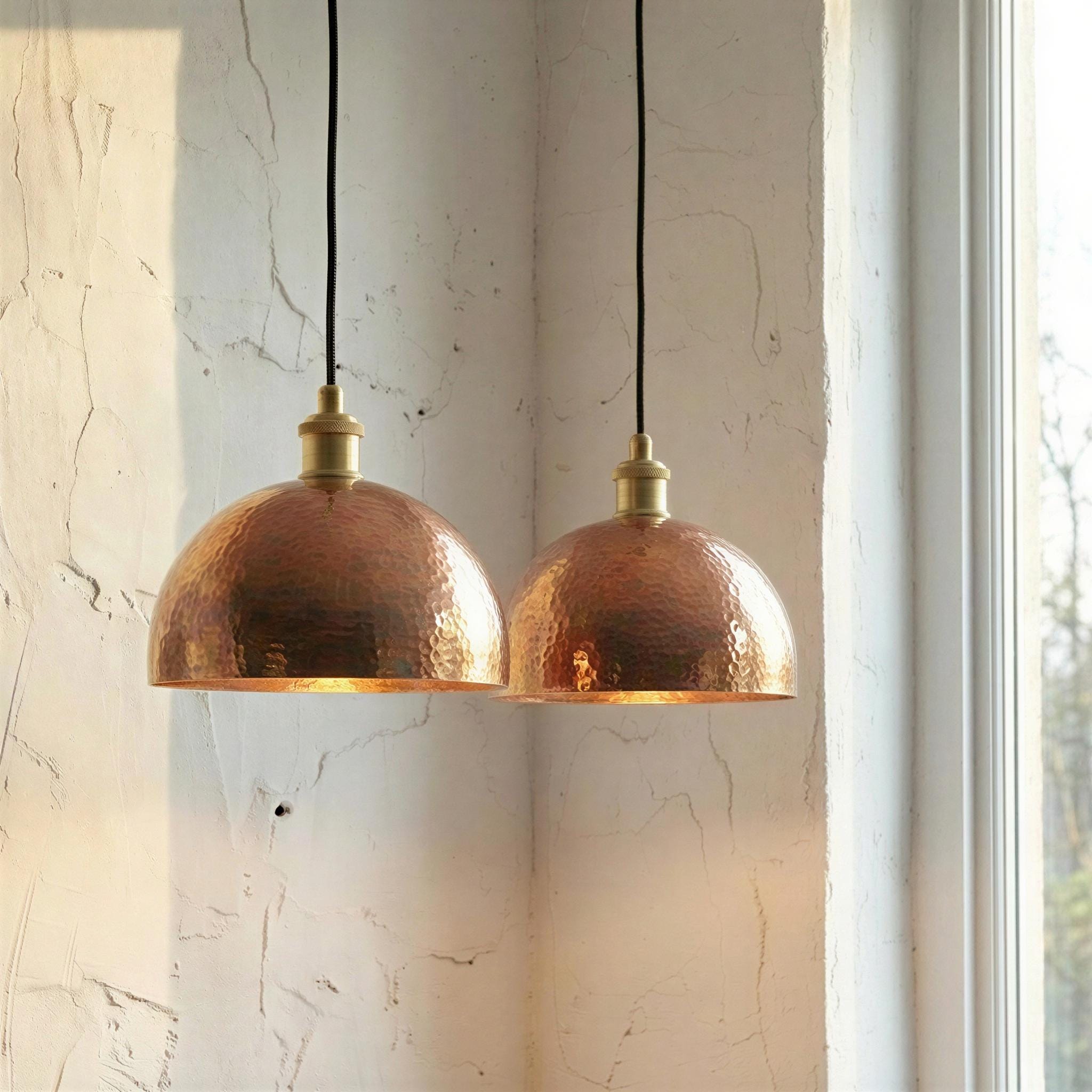 Set of 2 Hand Hammered Copper Pendant Light | Set of Two Rustic Aged Copper Lighting