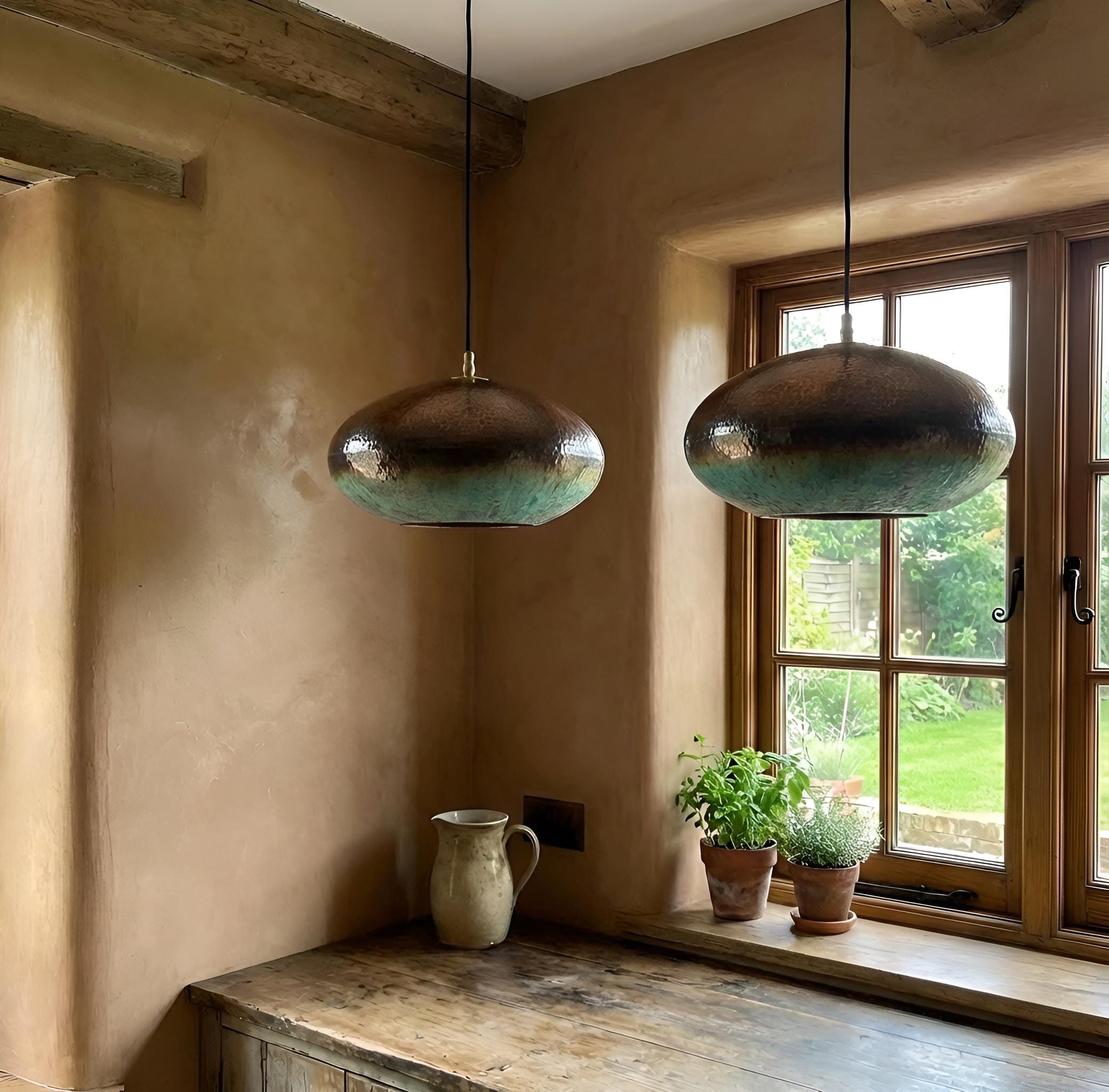 Set of 2 Oxidized Copper Pendant Lights, Green Verdigris Patina Lamps