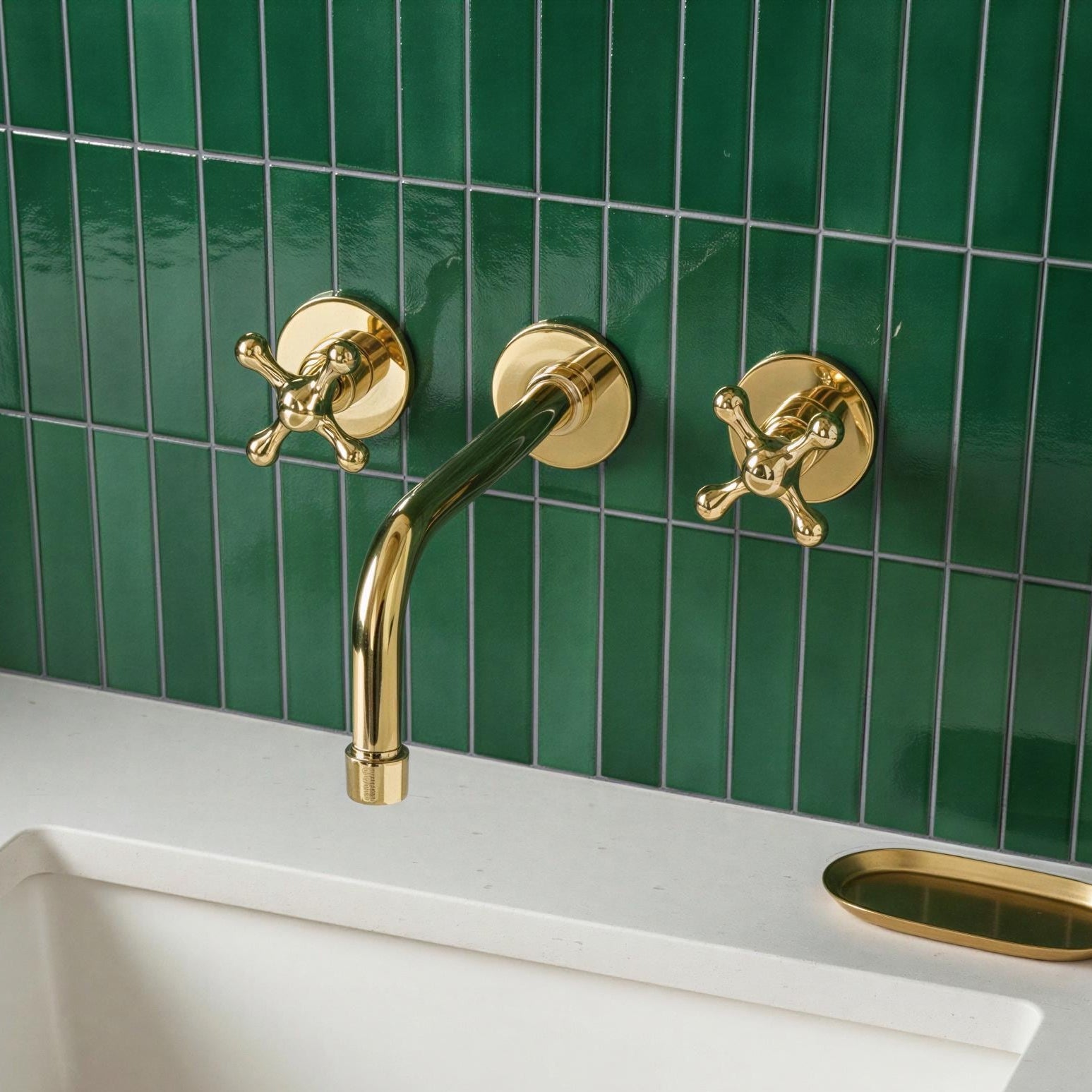 Unlacquered Brass Wall Faucet with Cross Handles | Wall-Mounted Bathroom Sink Faucet | Solid Brass Wall Mounted Sink Faucet