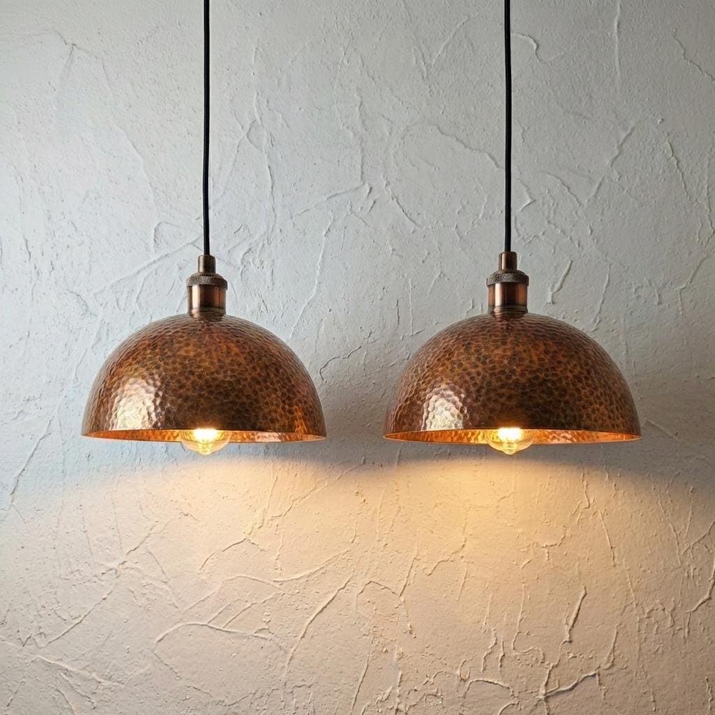 Set of 2 Hammered Copper Dome Pendant Lights, Rustic Industrial Lighting