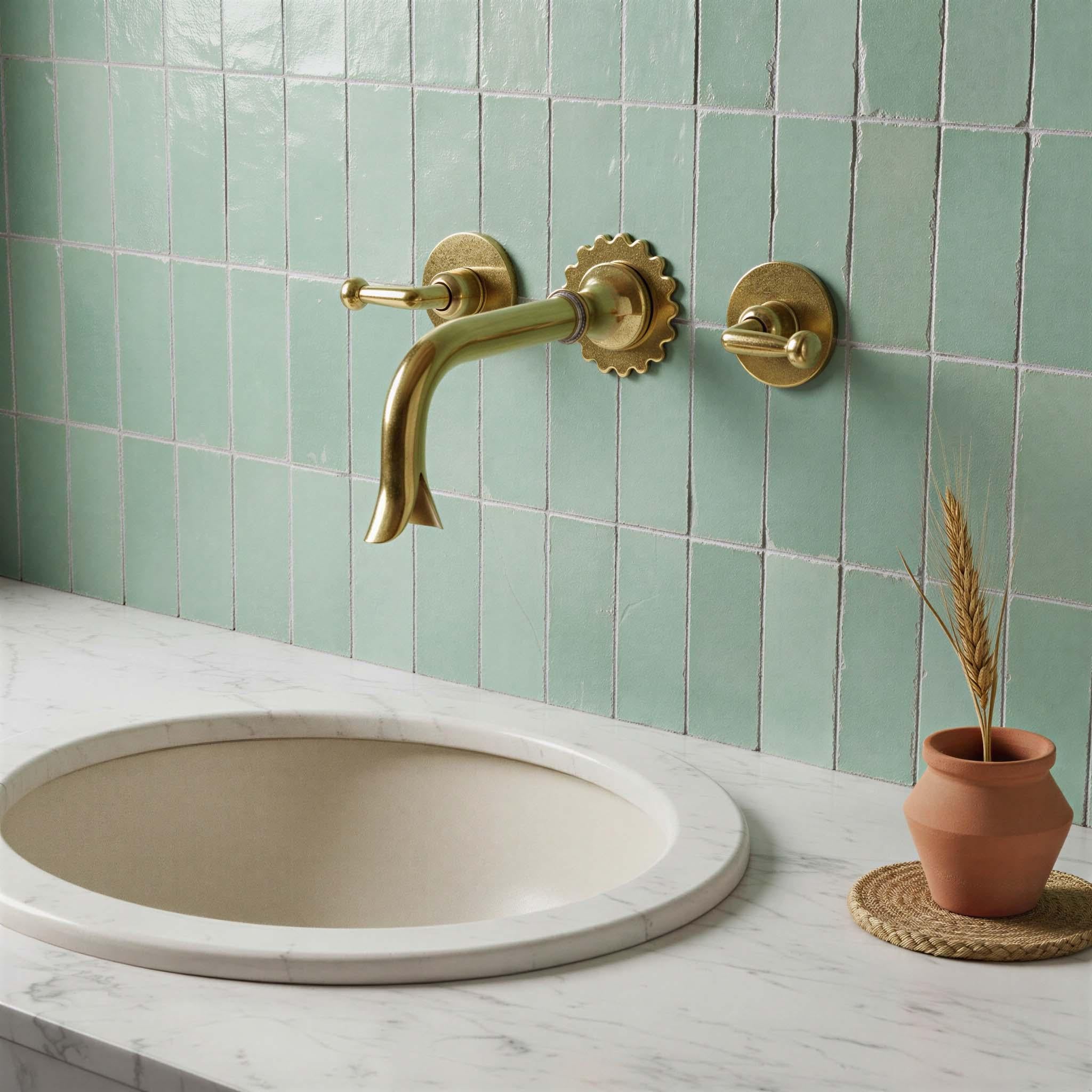 Unlacquered Wall Mount Bathroom Brass Faucet - Handmade Tap Mixer with Lever Handles