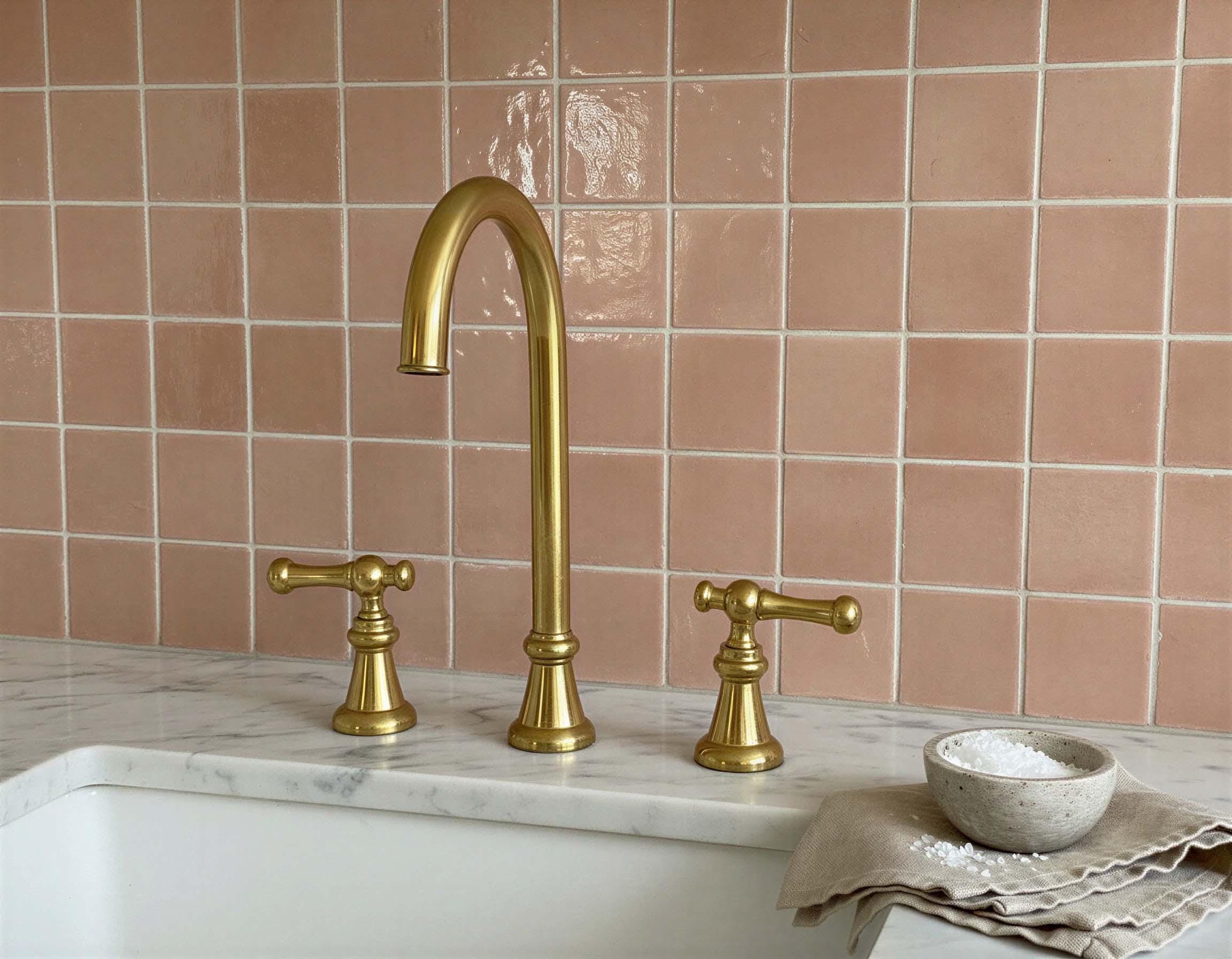 Unlacquered Widespread Brass Bathroom Faucet | Gold Bathroom Tap Mixer wit Lever Handles