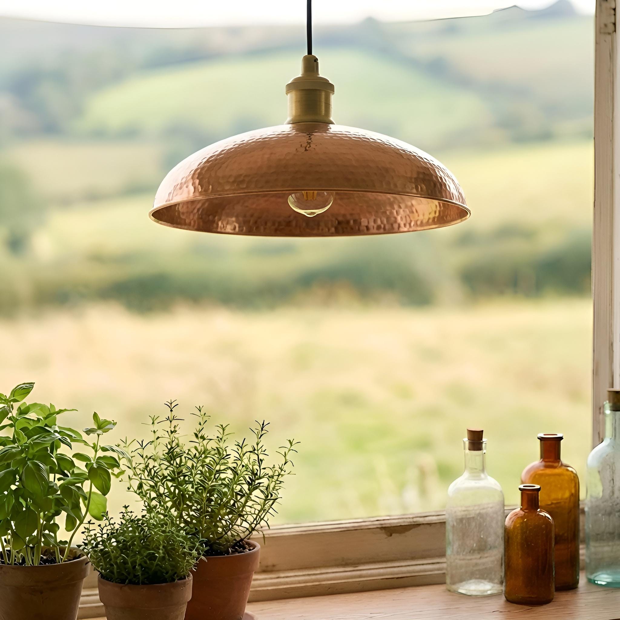 Hammered Copper Barn Light, Shallow Dome Pendant, Farmhouse Kitchen Island Lighting