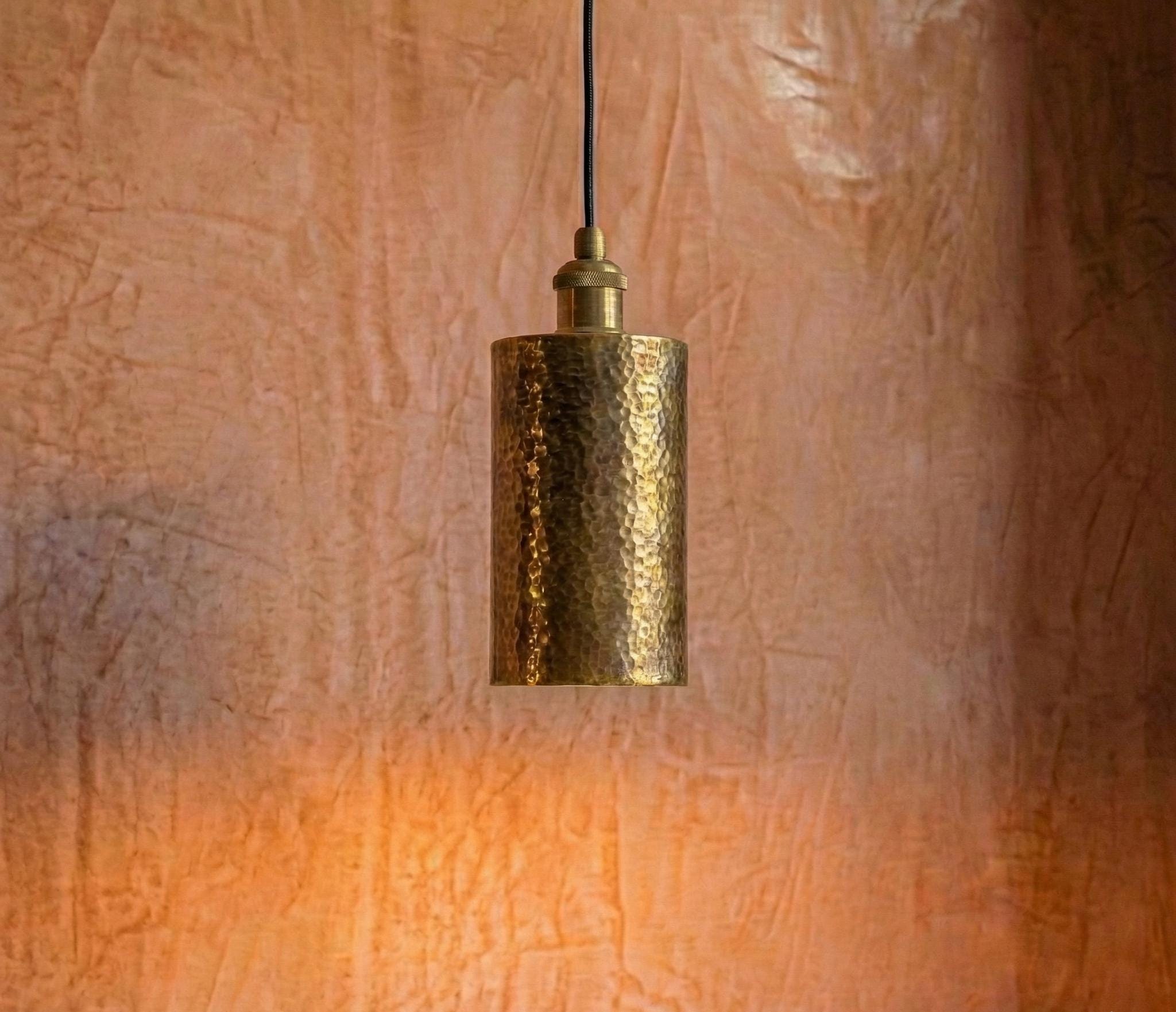 Hammered Brass Cylinder Pendant, Tall Gold Tube Light, Kitchen Island Bar Lamp, Rustic Industrial Spot Fixture, Narrow Bedside Hanging Light