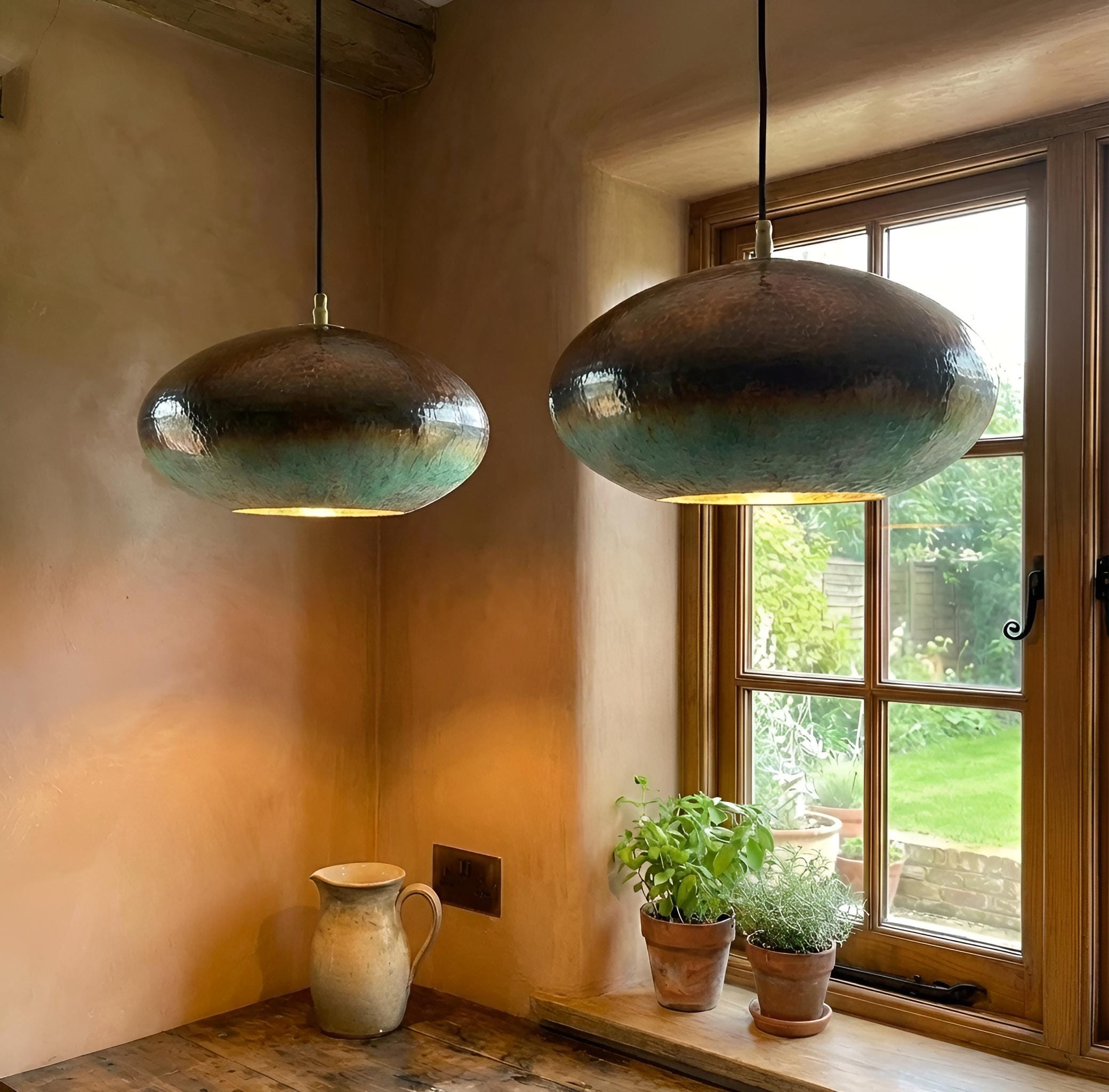 Set of 2 Oxidized Copper Pendant Lights, Green Verdigris Patina Lamps