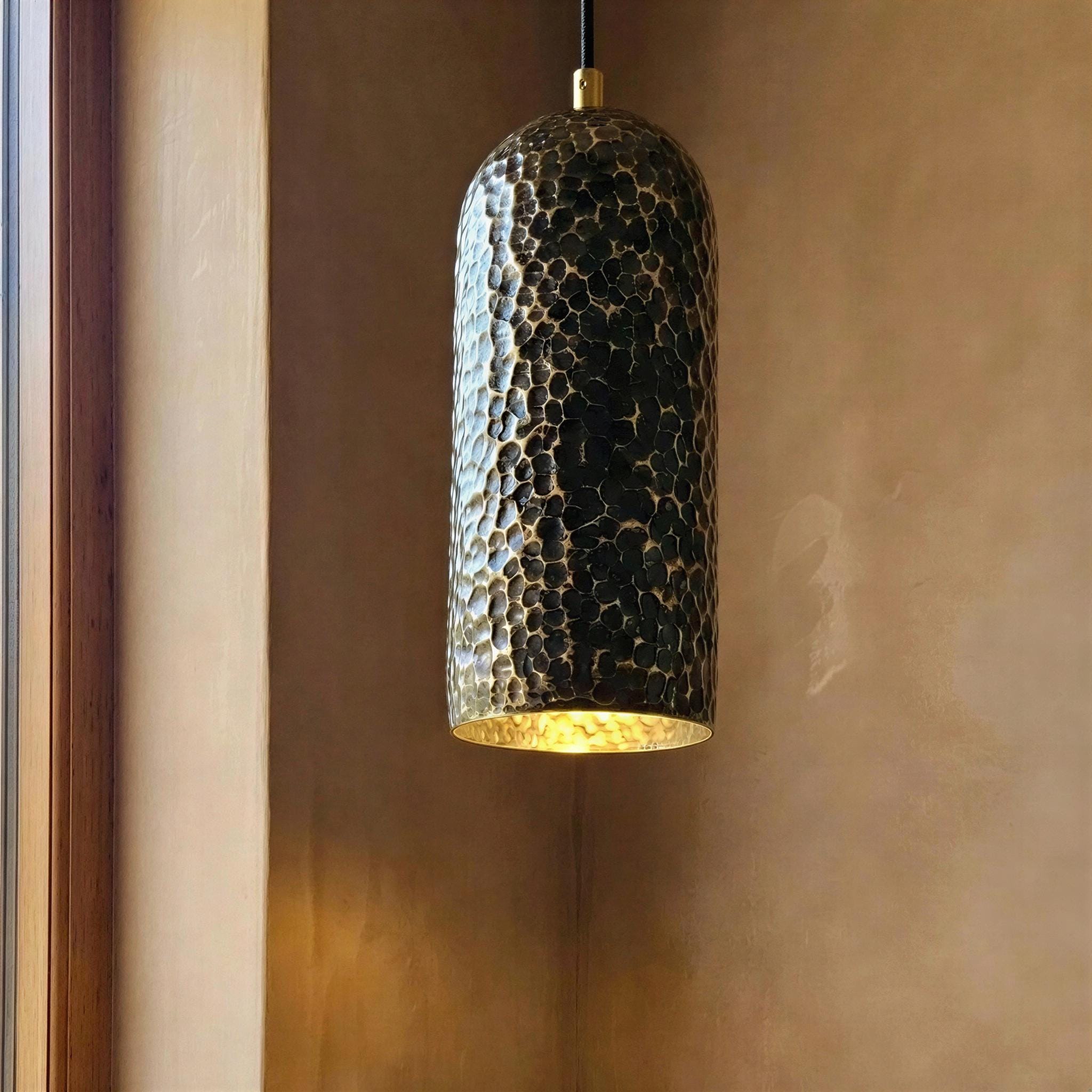 Hammered Brass Pendant Light, Handcrafted Cylindrical Hanging Lamp, Brass Kitchen Island Lighting