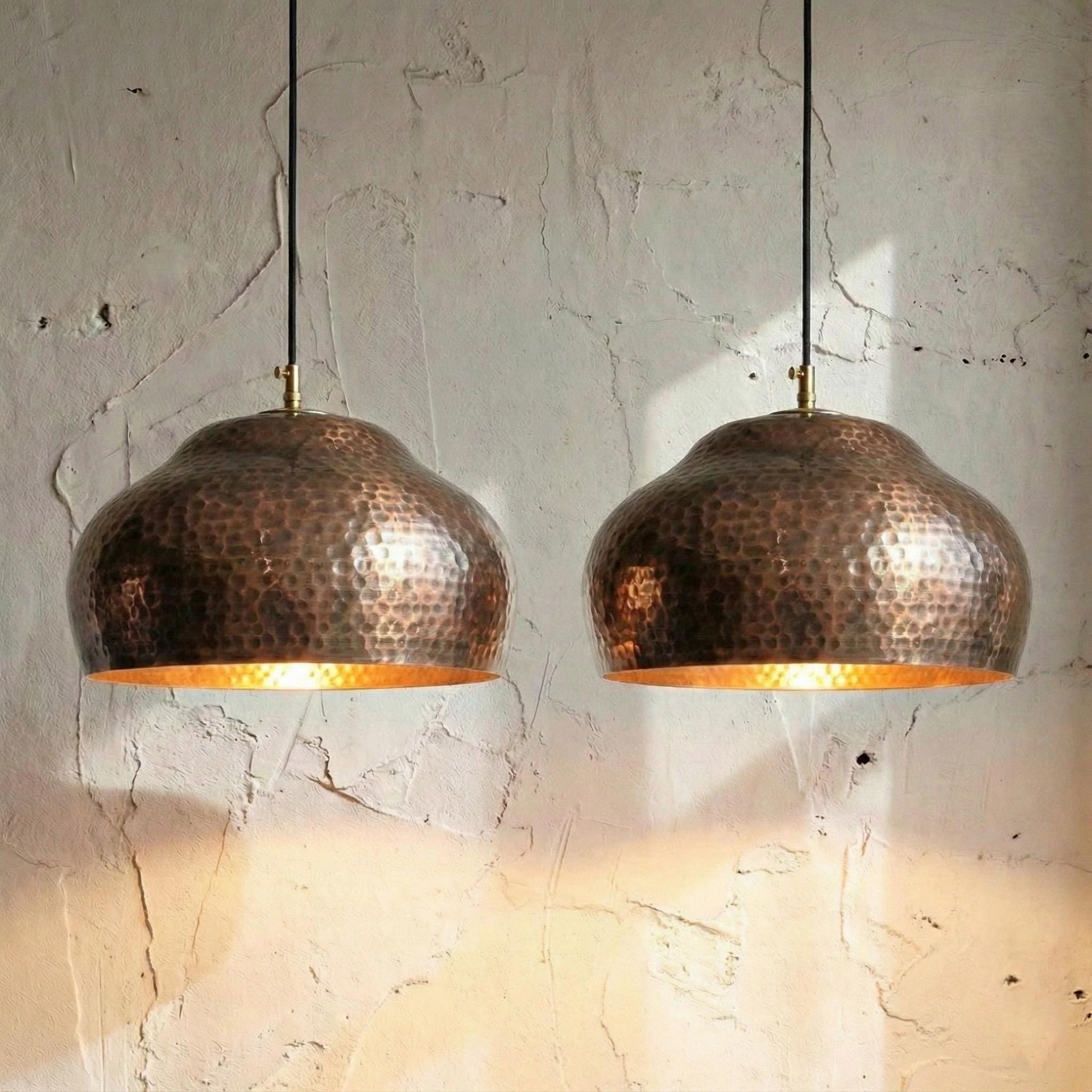 Set of 2 Handmade Hammered Copper Pendant Lights, Vintage Kitchen Lighting